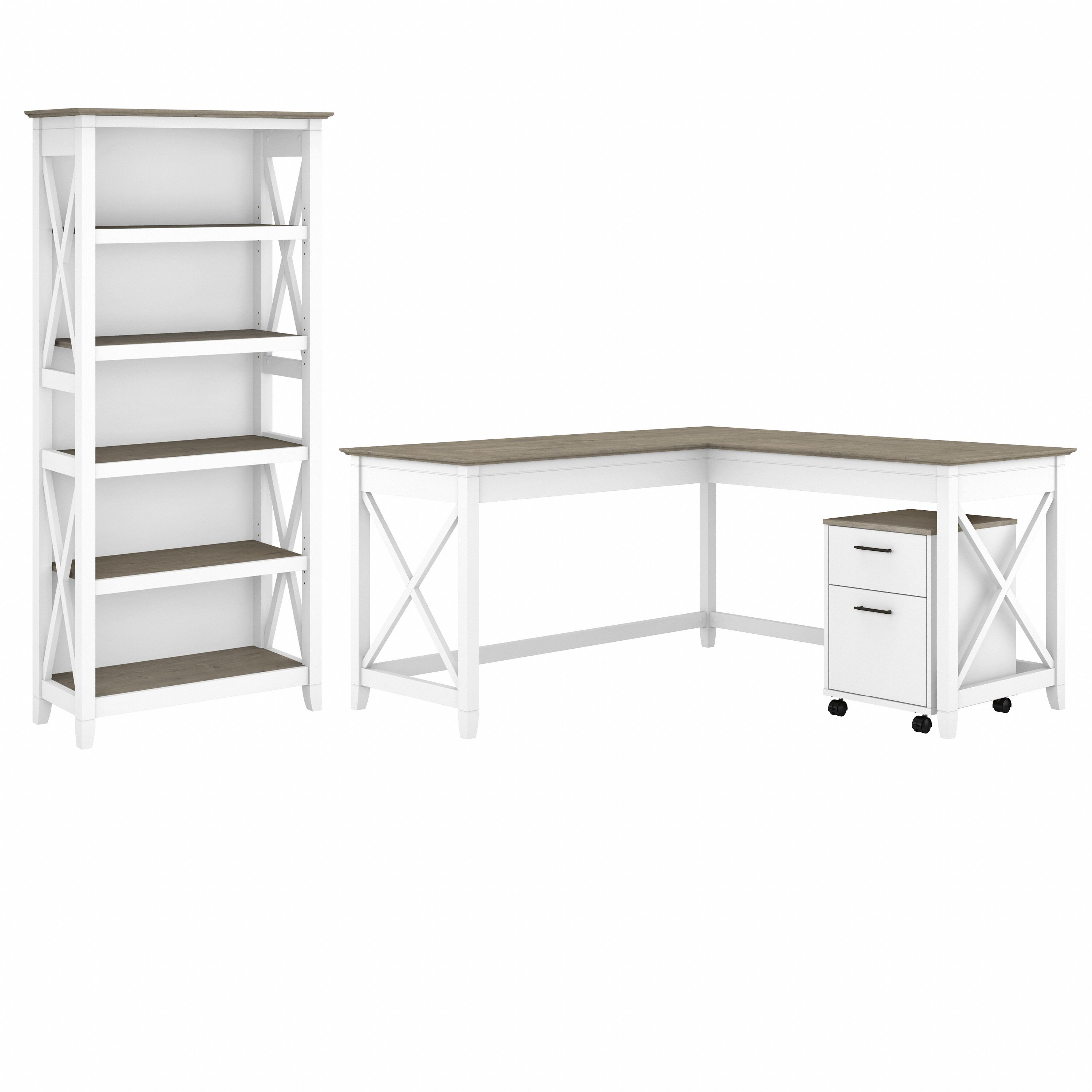 Shop Bush Furniture Key West 60W L Shaped Desk with 2 Drawer Mobile File Cabinet and 5 Shelf Bookcase 02 KWS016G2W #color_shiplap gray/pure white