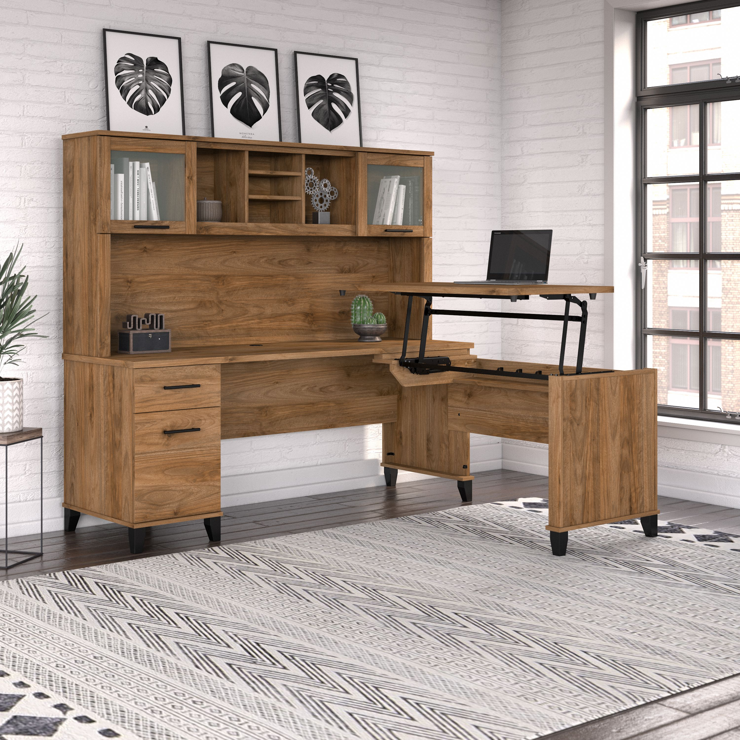 Shop Bush Furniture Somerset 72W 3 Position Sit to Stand L Shaped Desk with Hutch 01 SET015FW #color_fresh walnut