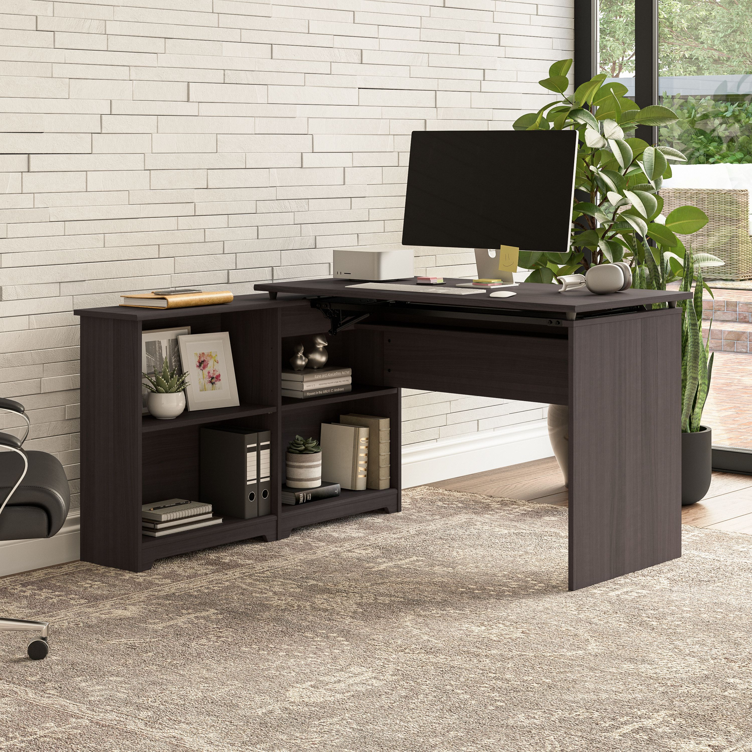 Shop Bush Furniture Cabot 52W 3 Position Sit to Stand Corner Desk with Shelves 06 WC31716 #color_heather gray