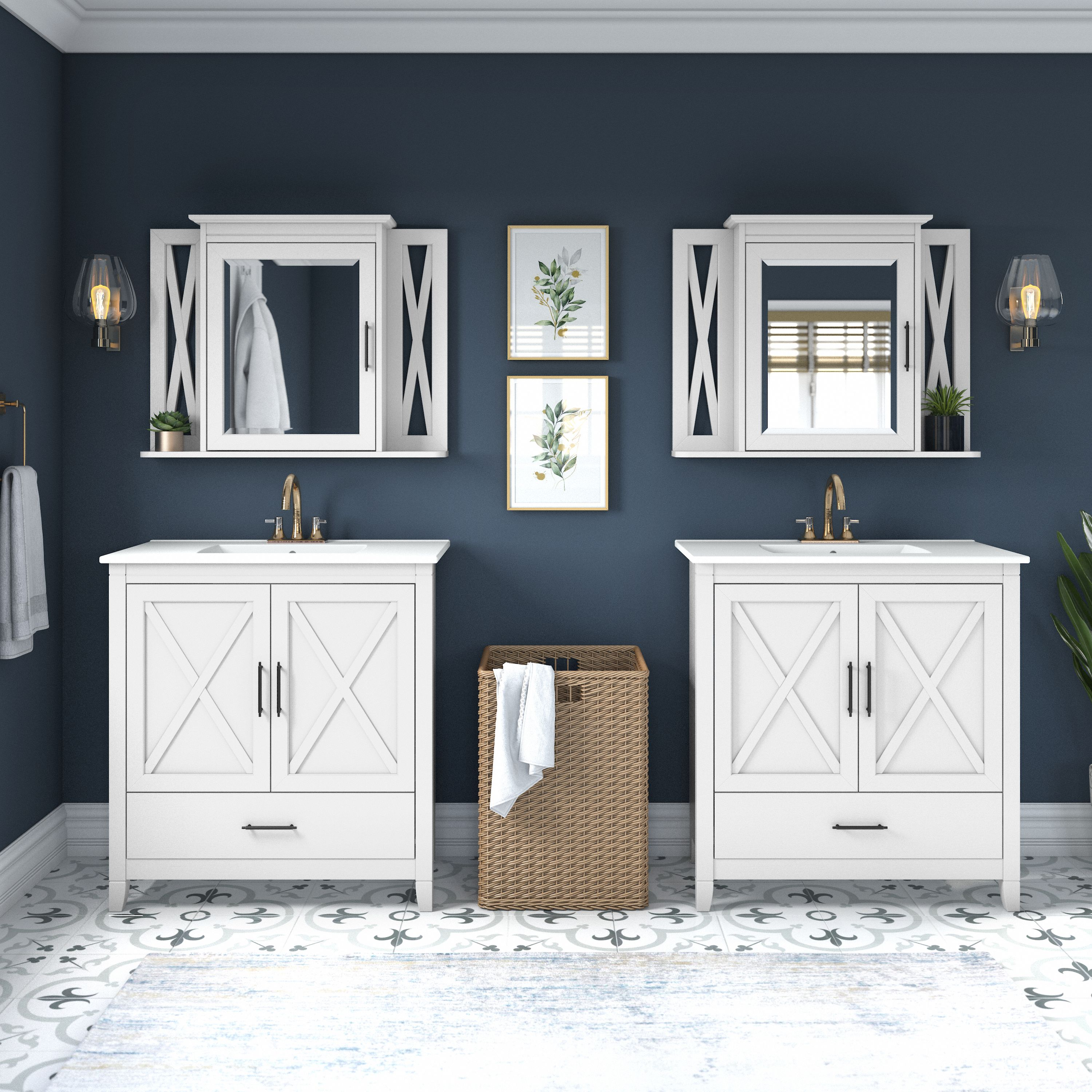 Shop Bush Furniture Key West 64W Double Vanity Set with Sinks and Medicine Cabinets 01 KWS042WAS #color_white ash