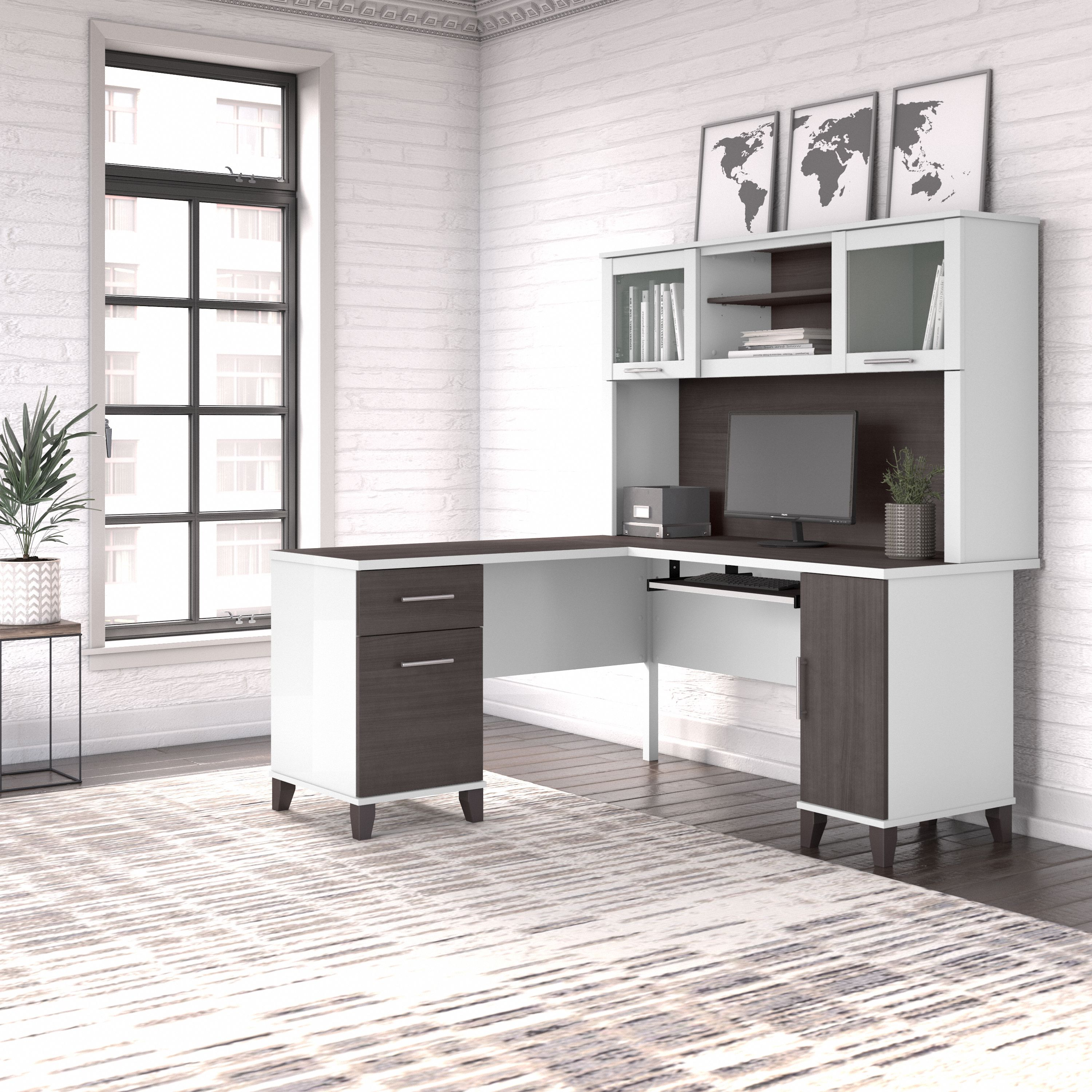 Shop Bush Furniture Somerset 60W L Shaped Desk with Hutch 01 SET002SGWH #color_storm gray/white