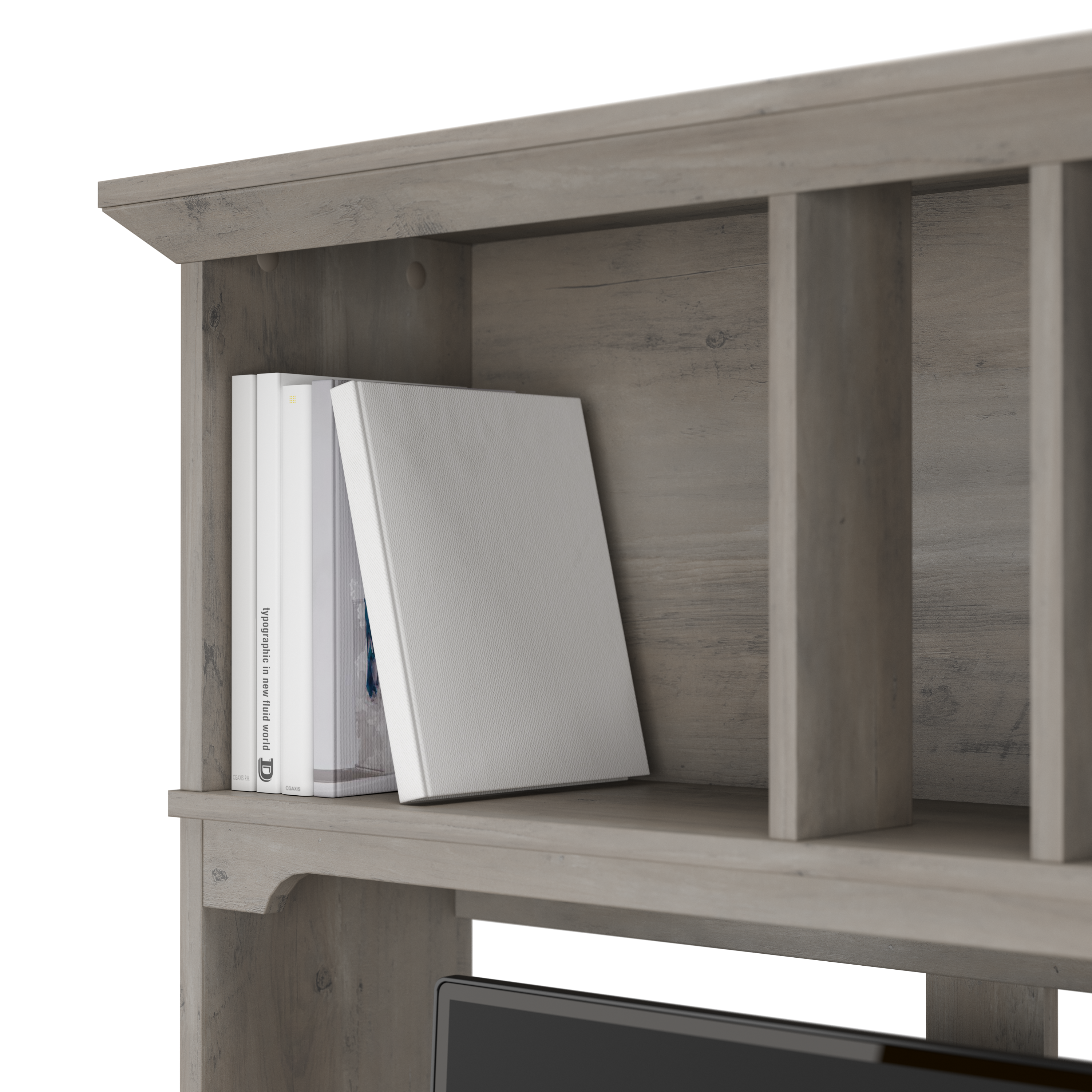 Shop Bush Furniture Salinas 60W L Shaped Desk with Hutch, Lateral File Cabinet and 5 Shelf Bookcase 09 SAL007ABR #color_ash brown