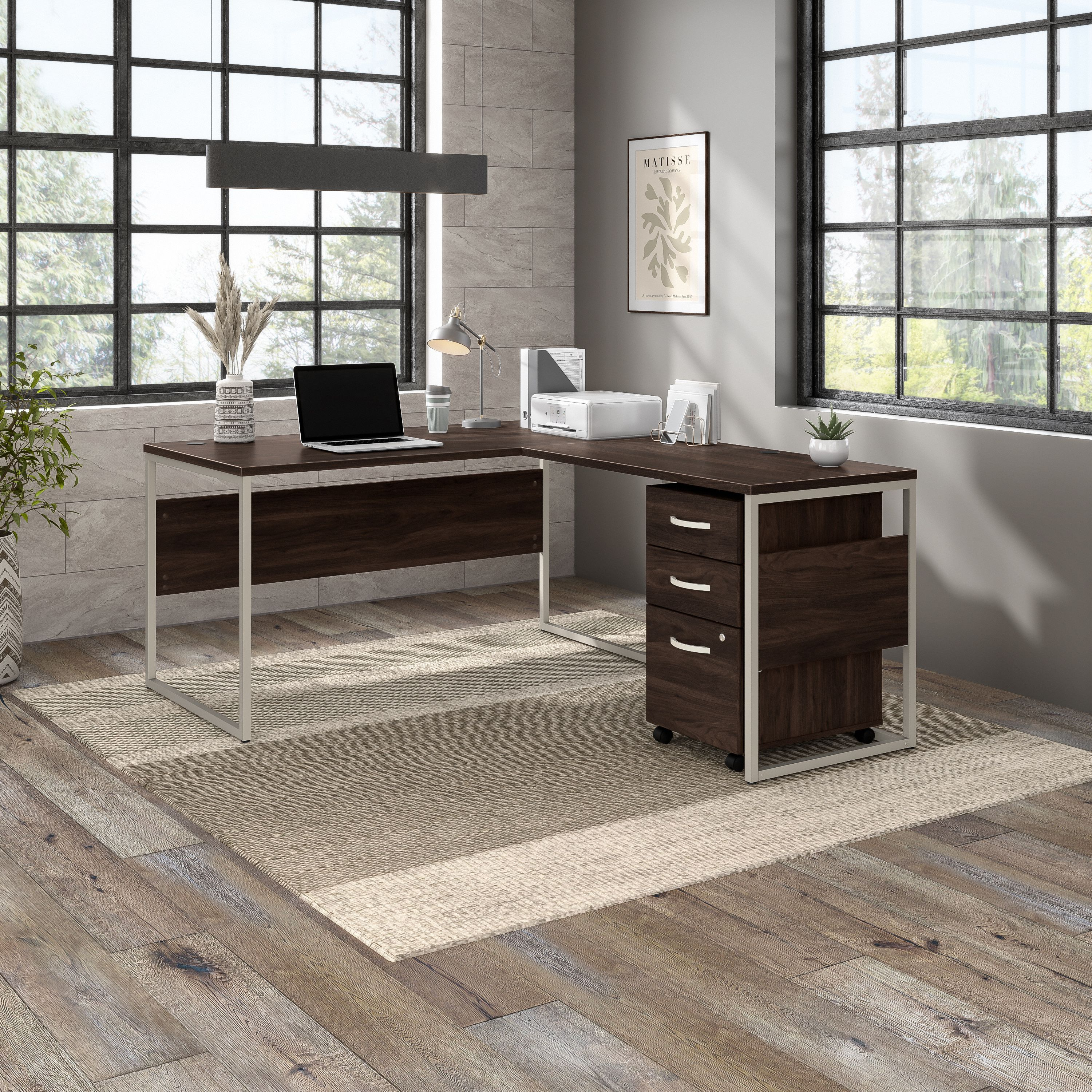 Shop Bush Business Furniture Hybrid 60W x 30D L Shaped Table Desk with Mobile File Cabinet 01 HYB029BWSU #color_black walnut