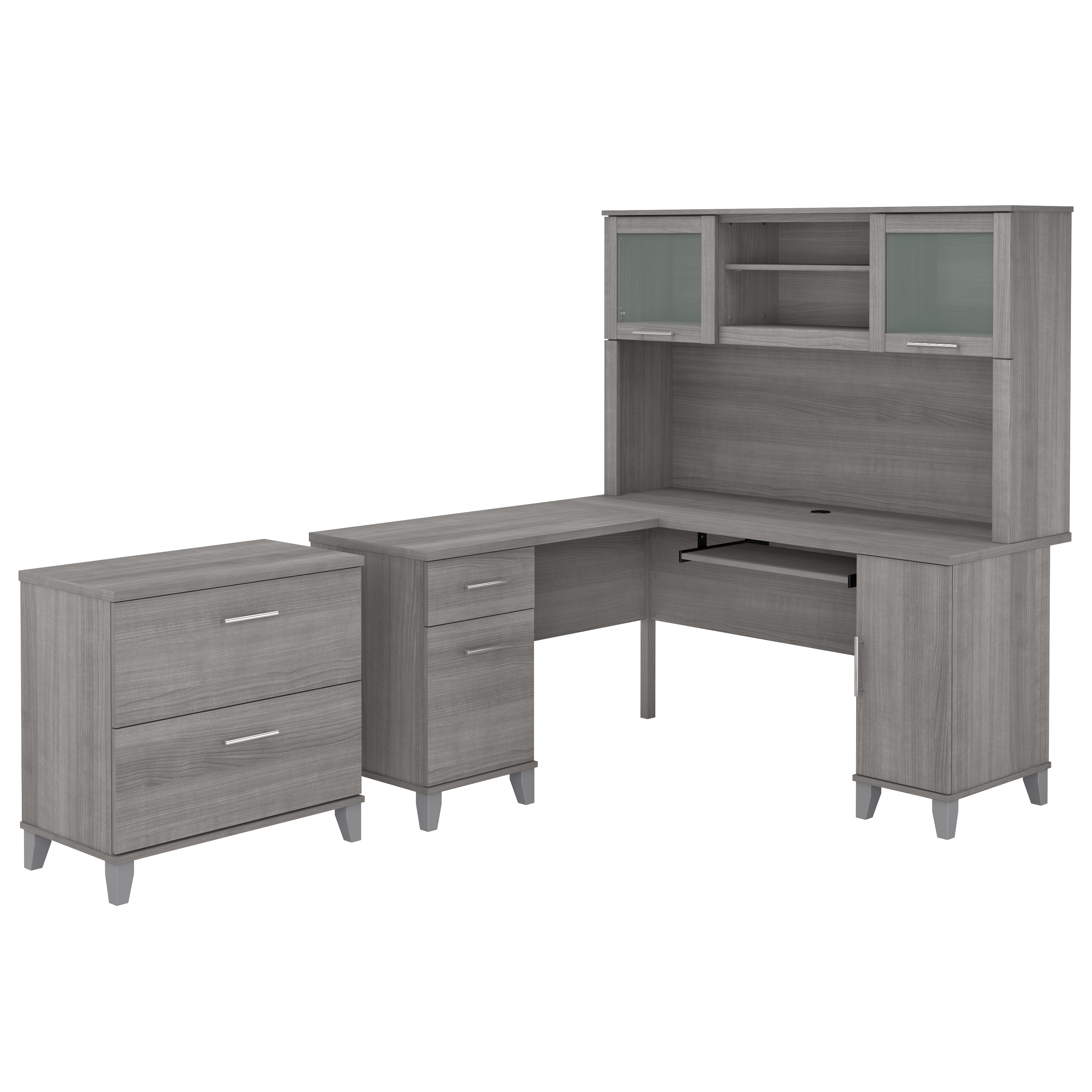 Shop Bush Furniture Somerset 60W L Shaped Desk with Hutch and Lateral File Cabinet 02 SET008PG #color_platinum gray