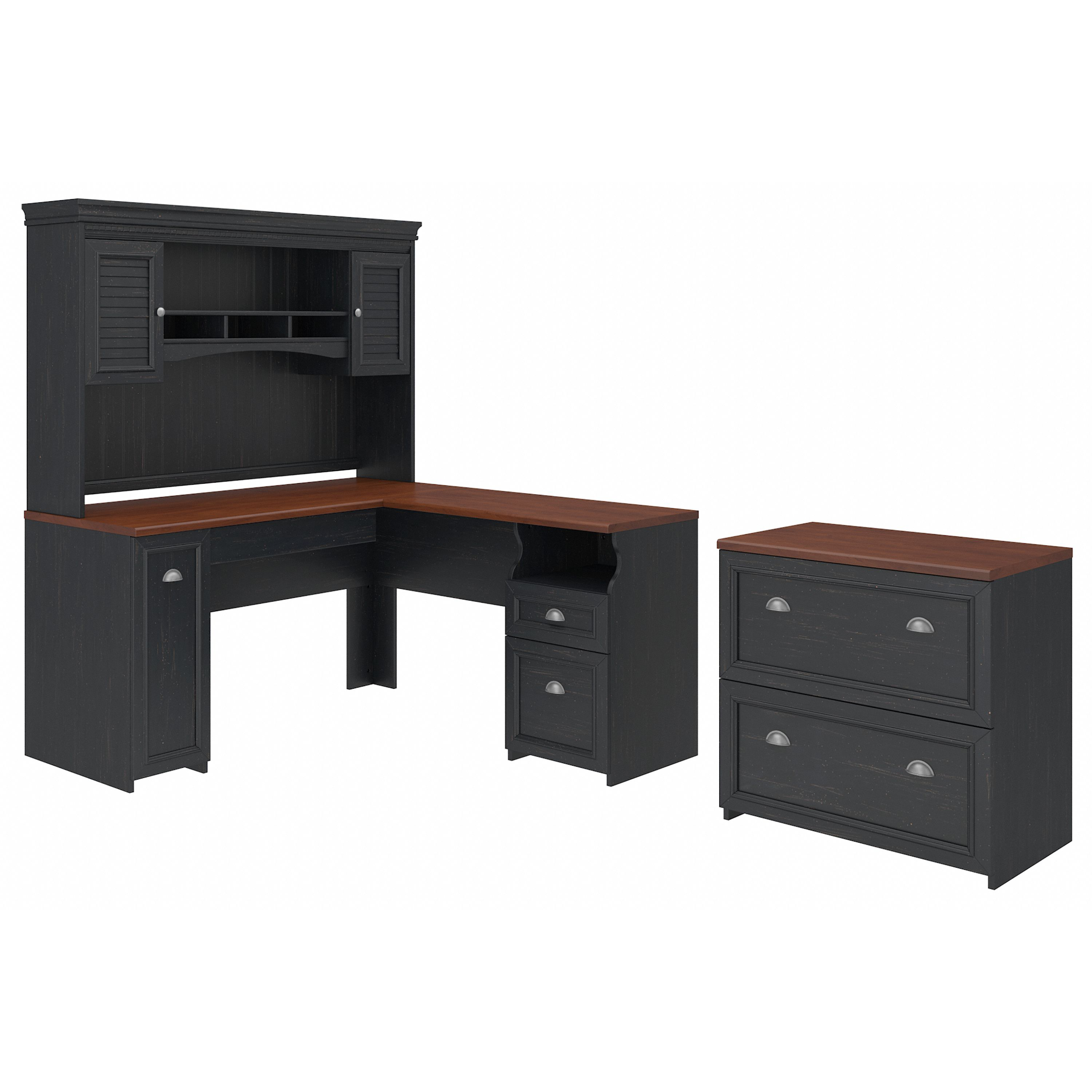 Shop Bush Furniture Fairview L Shaped Desk with Hutch and Lateral File Cabinet 02 FVW001 #color_antique black/hansen cherry