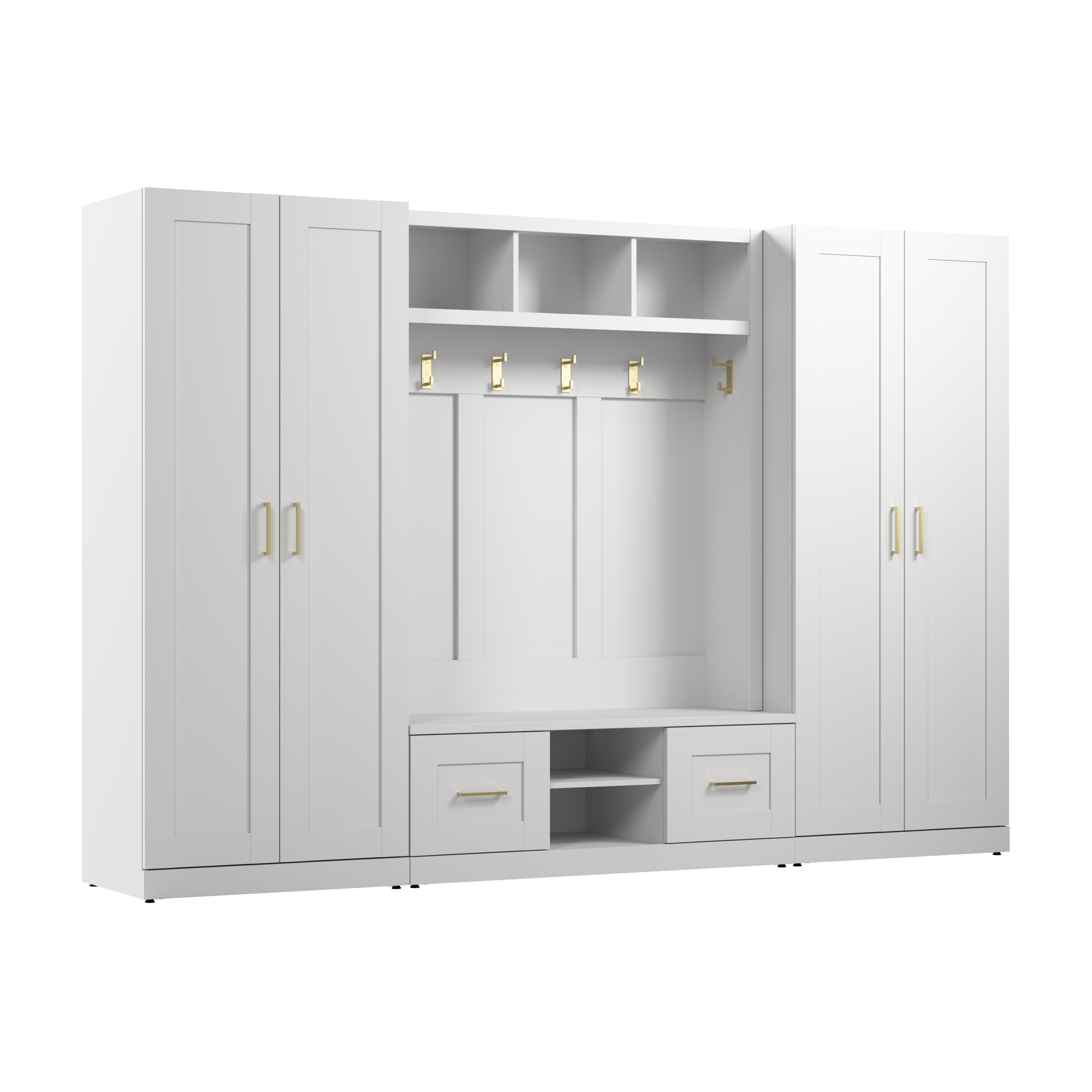 Shop Bush Furniture Hampton Heights Full Entryway Storage Set with Hall Tree, Shoe Bench with Doors and Cabinets 02 HHS017WH #color_white