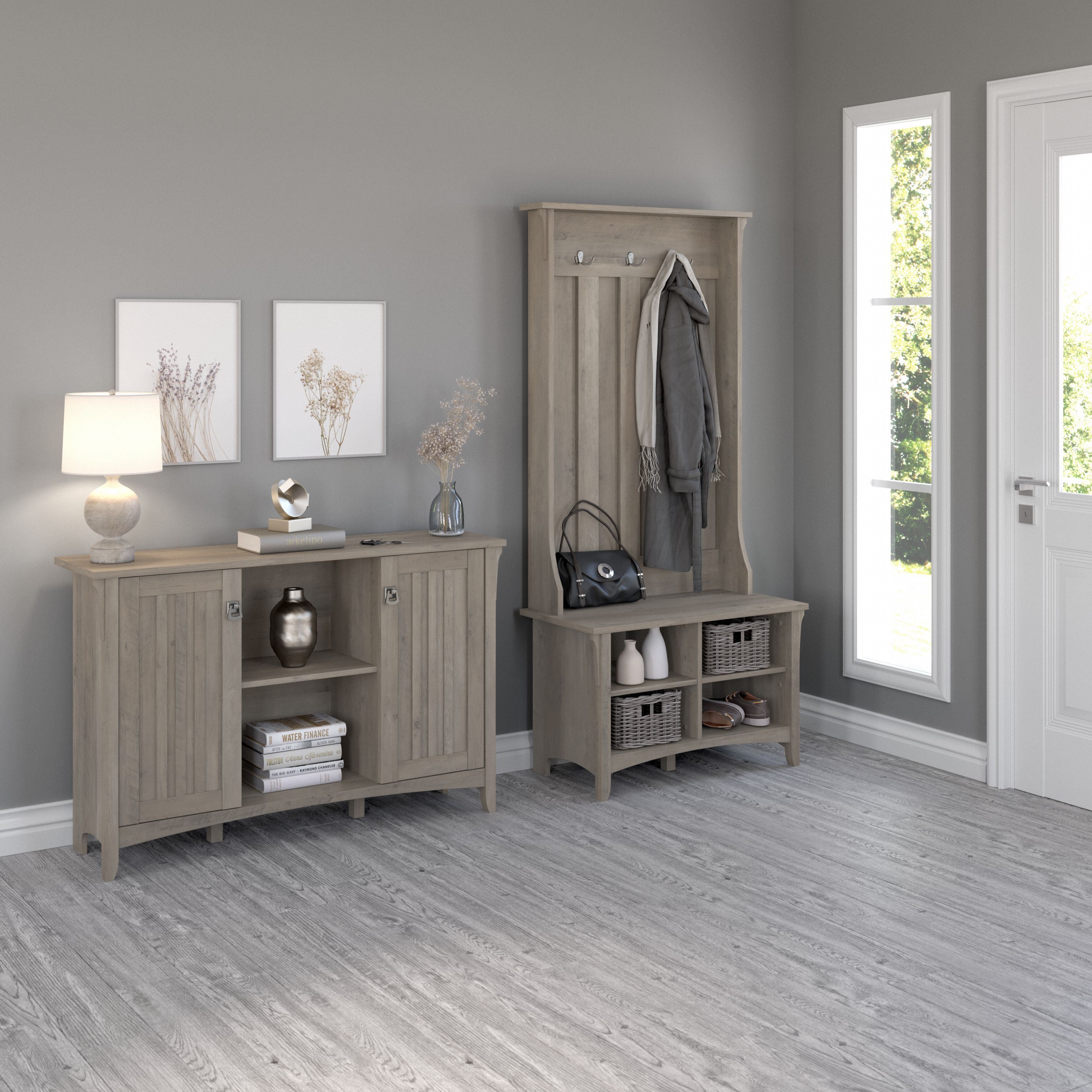 Shop Bush Furniture Salinas Entryway Storage Set with Hall Tree, Shoe Bench and Accent Cabinet 01 SAL008DG #color_driftwood gray