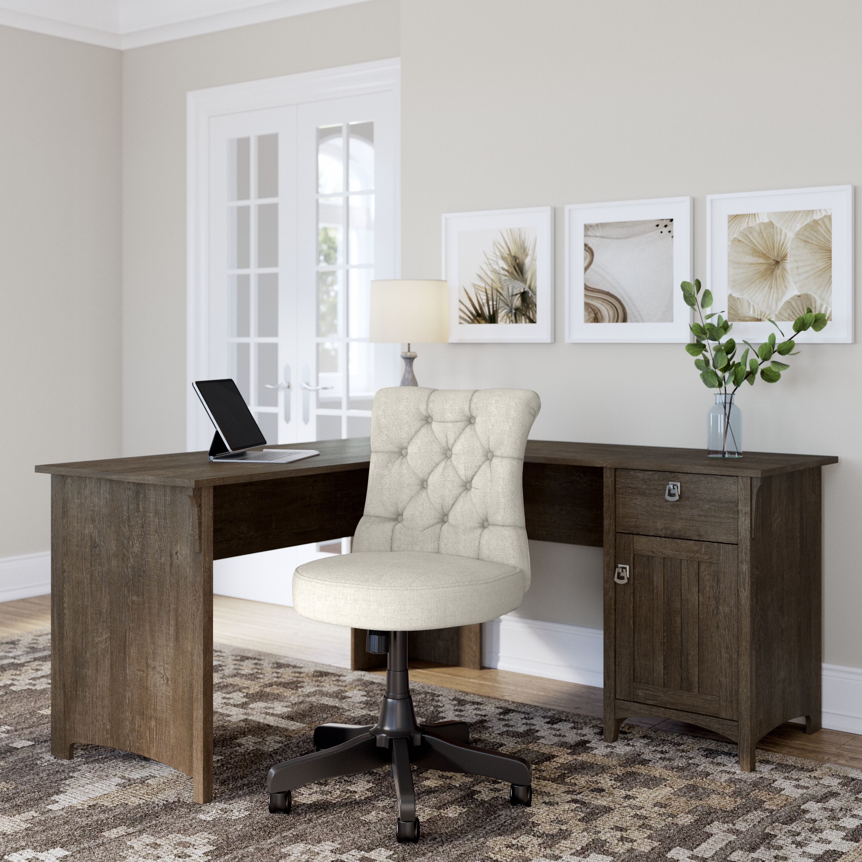 Shop Bush Furniture Salinas 60W L Shaped Desk with Mid Back Tufted Office Chair 01 SAL010ABR #color_ash brown