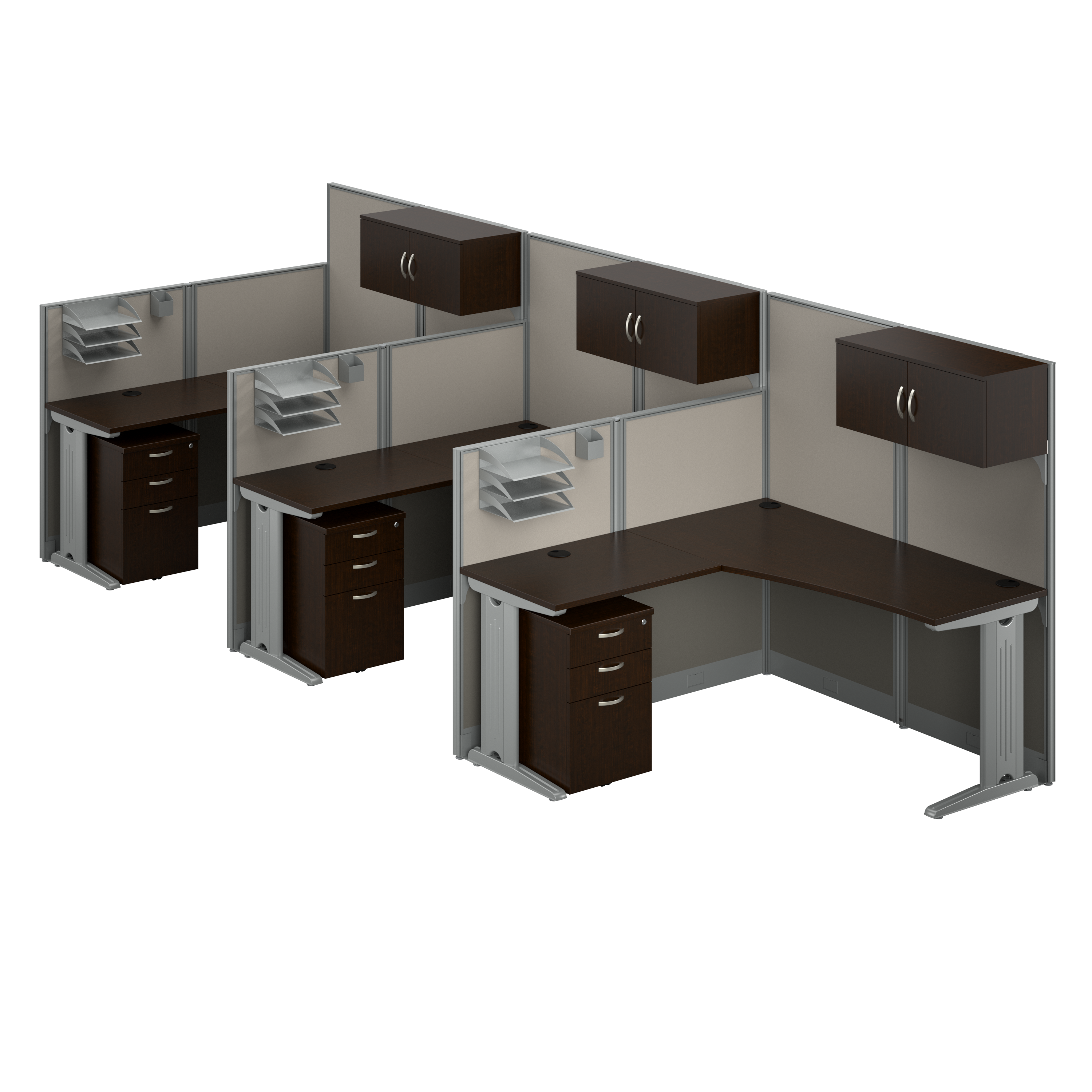 Shop Bush Business Furniture Office in an Hour 3 Person L Shaped Cubicle Desks with Storage, Drawers, and Organizers 02 OIAH006MR #color_mocha cherry