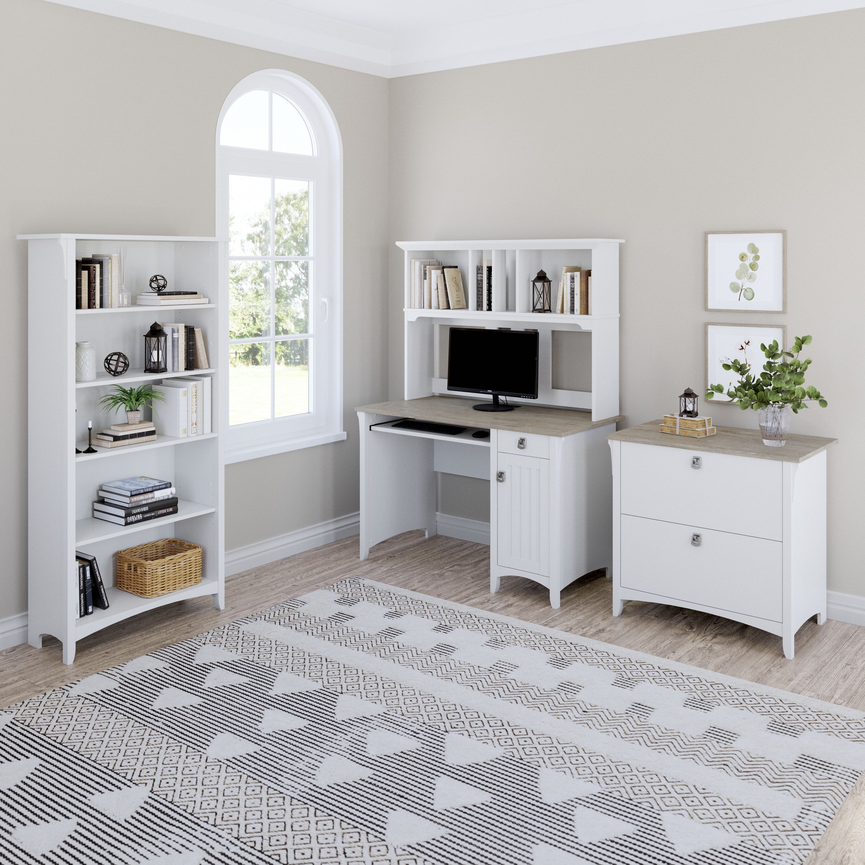 Shop Bush Furniture Salinas Mission Desk with Hutch, Lateral File Cabinet and 5 Shelf Bookcase 01 SAL002G2W #color_shiplap gray/pure white