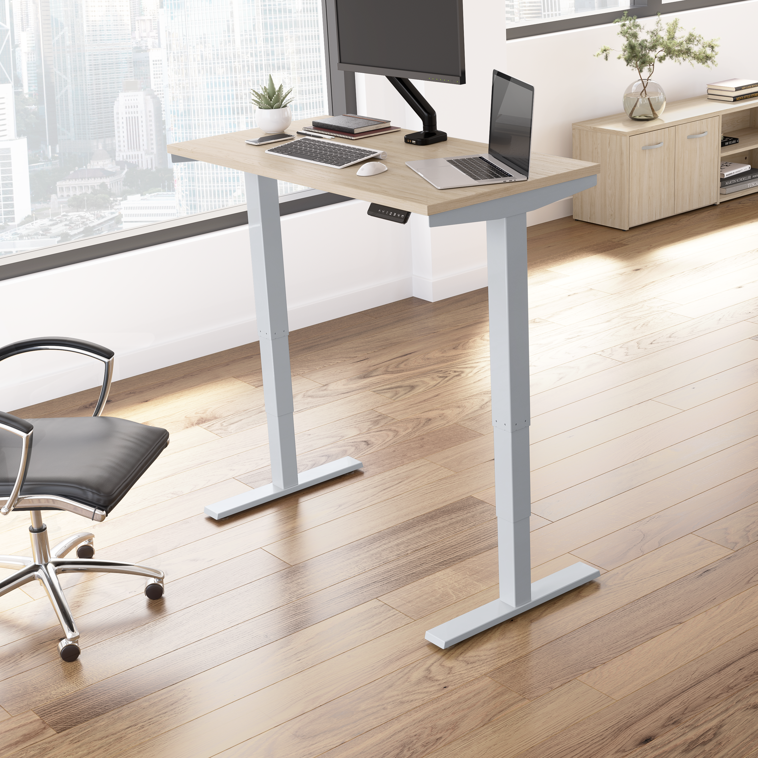 Shop Move 40 Series by Bush Business Furniture 48W x 24D Electric Height Adjustable Standing Desk 01 M4S4824NESK #color_natural elm/cool gray metallic