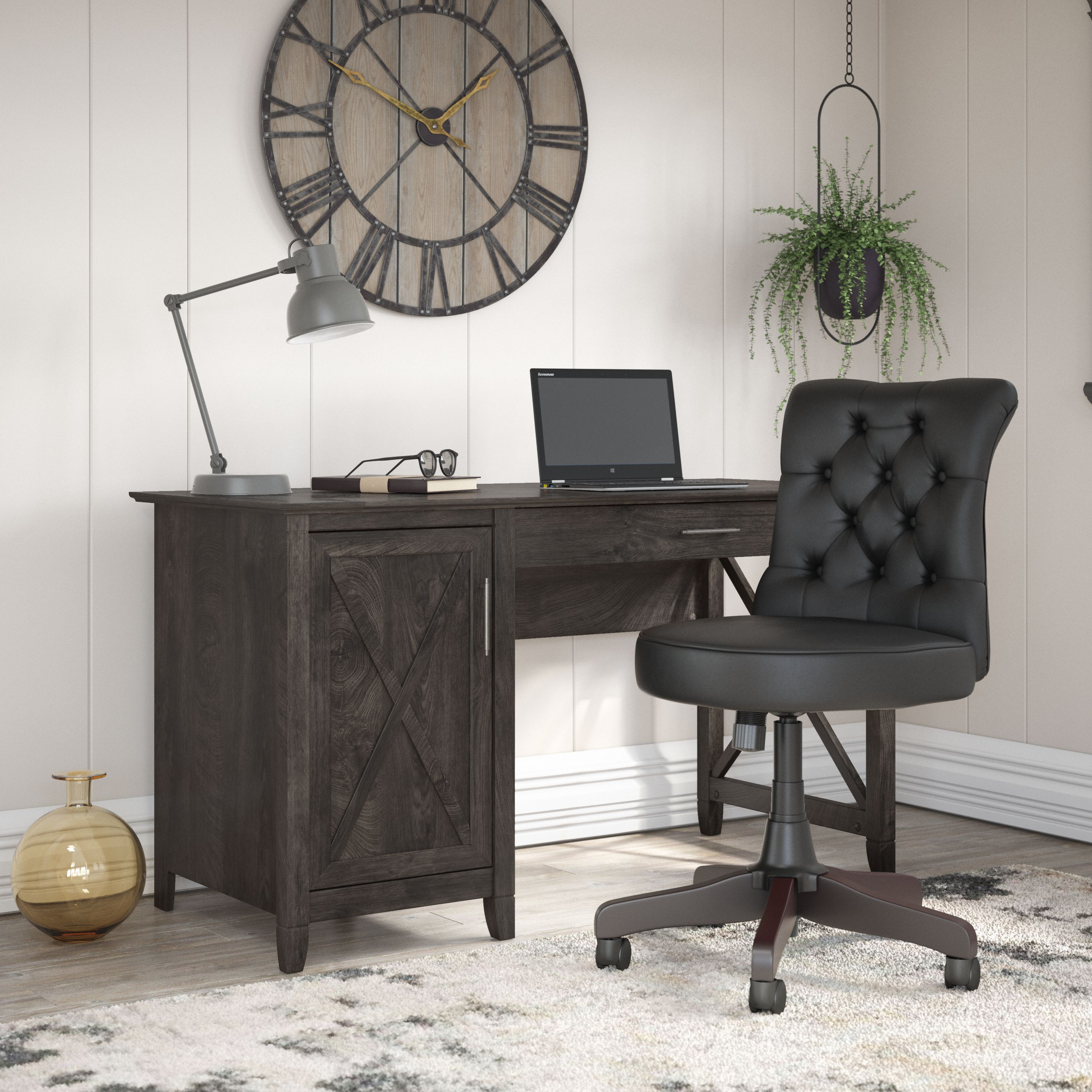 Shop Bush Furniture Key West 54W Computer Desk with Storage and Mid Back Tufted Office Chair 01 KWS020GH #color_dark gray hickory