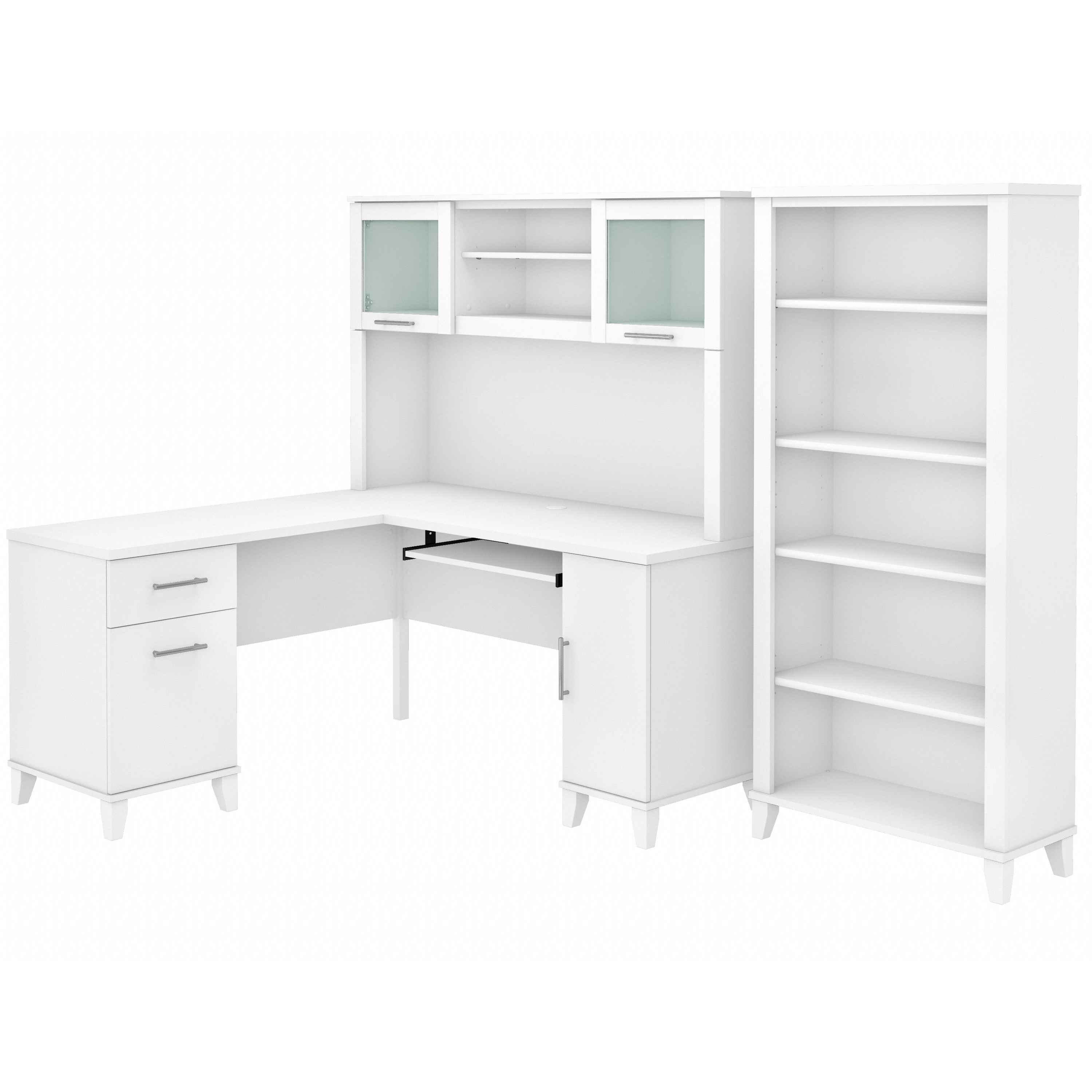 Shop Bush Furniture Somerset 60W L Shaped Desk with Hutch and 5 Shelf Bookcase 02 SET010WH #color_white