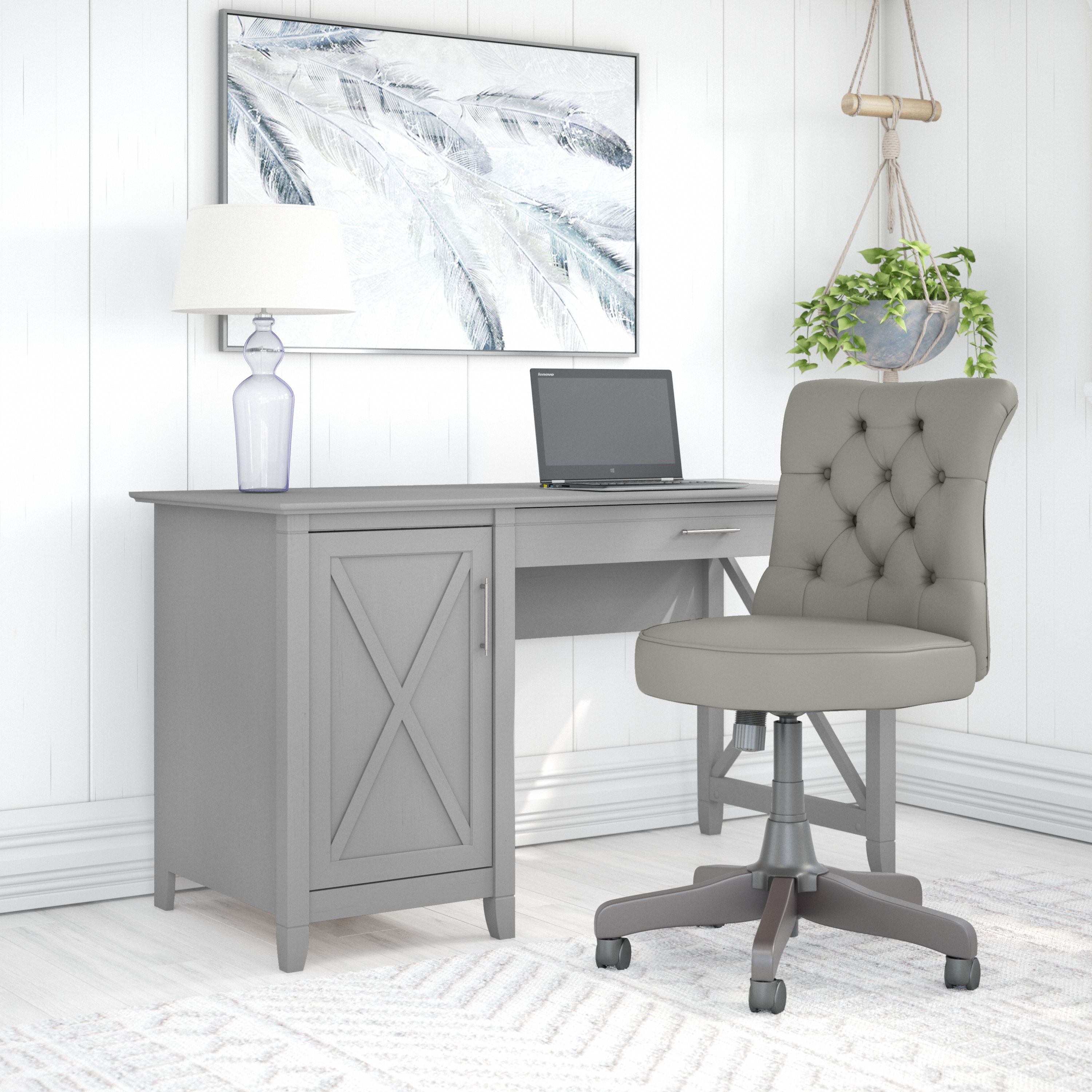 Shop Bush Furniture Key West 54W Computer Desk with Storage and Mid Back Tufted Office Chair 01 KWS020CG #color_cape cod gray
