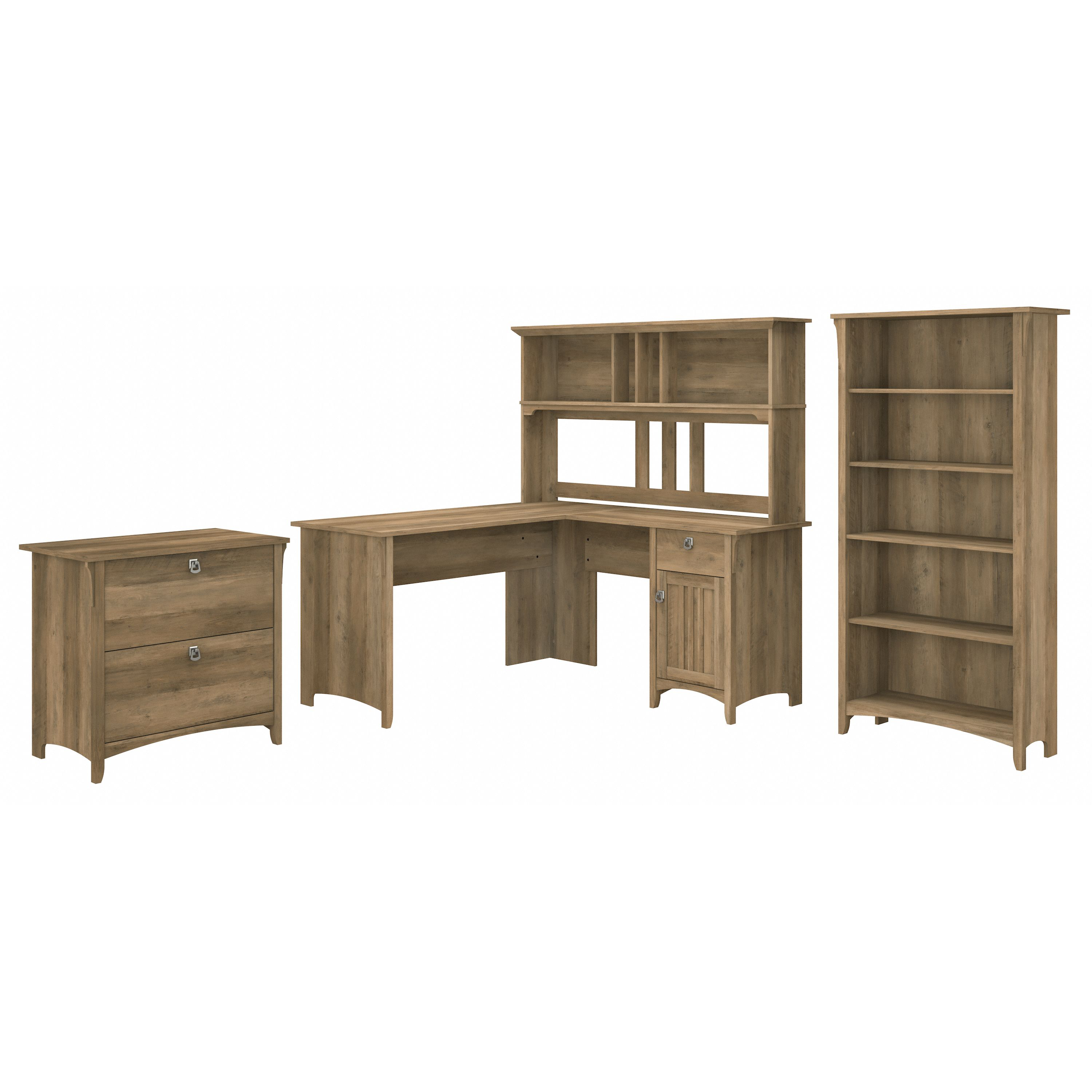 Shop Bush Furniture Salinas 60W L Shaped Desk with Hutch, Lateral File Cabinet and 5 Shelf Bookcase 02 SAL007RCP #color_reclaimed pine