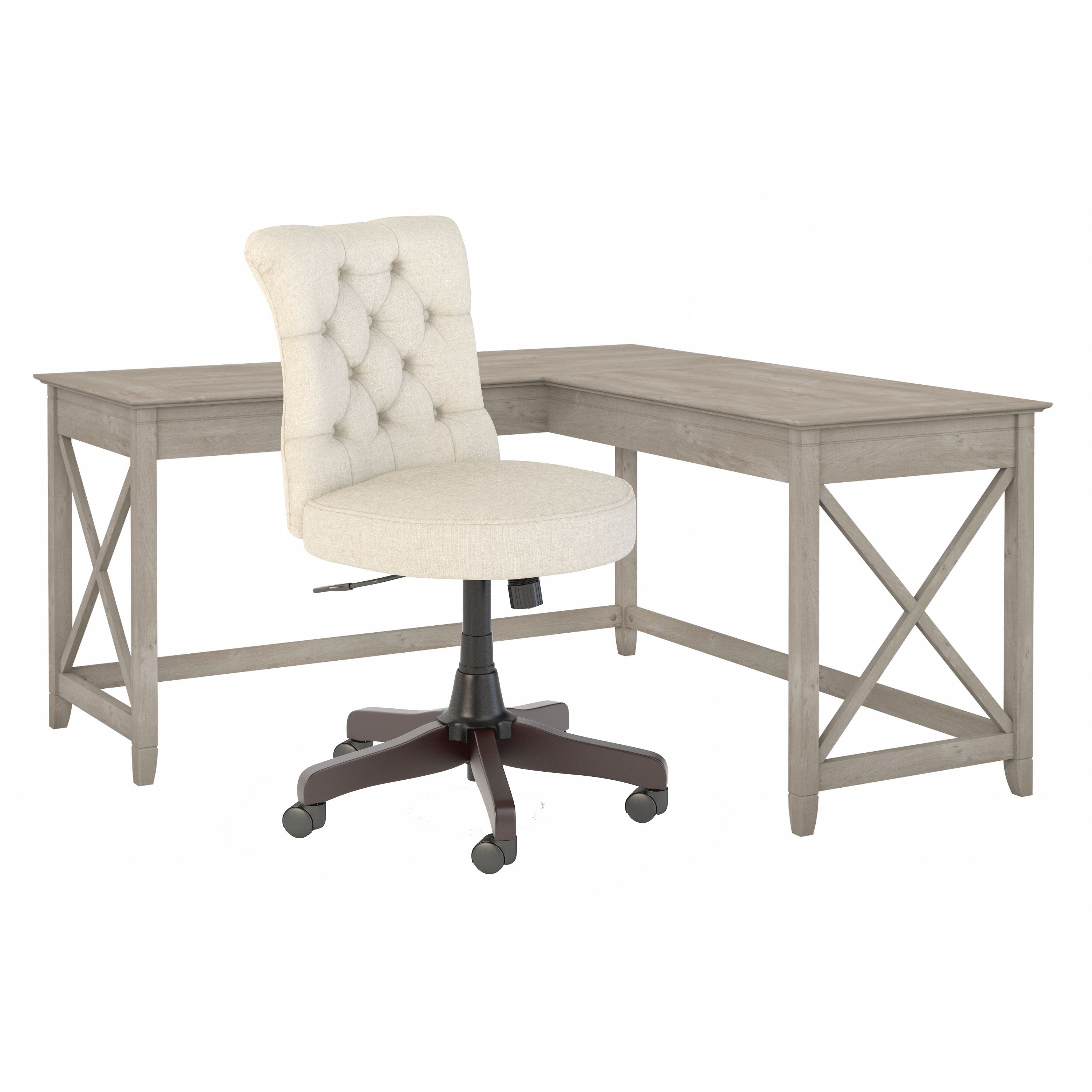 Shop Bush Furniture Key West 60W L Shaped Desk with Mid Back Tufted Office Chair 02 KWS045WG #color_washed gray