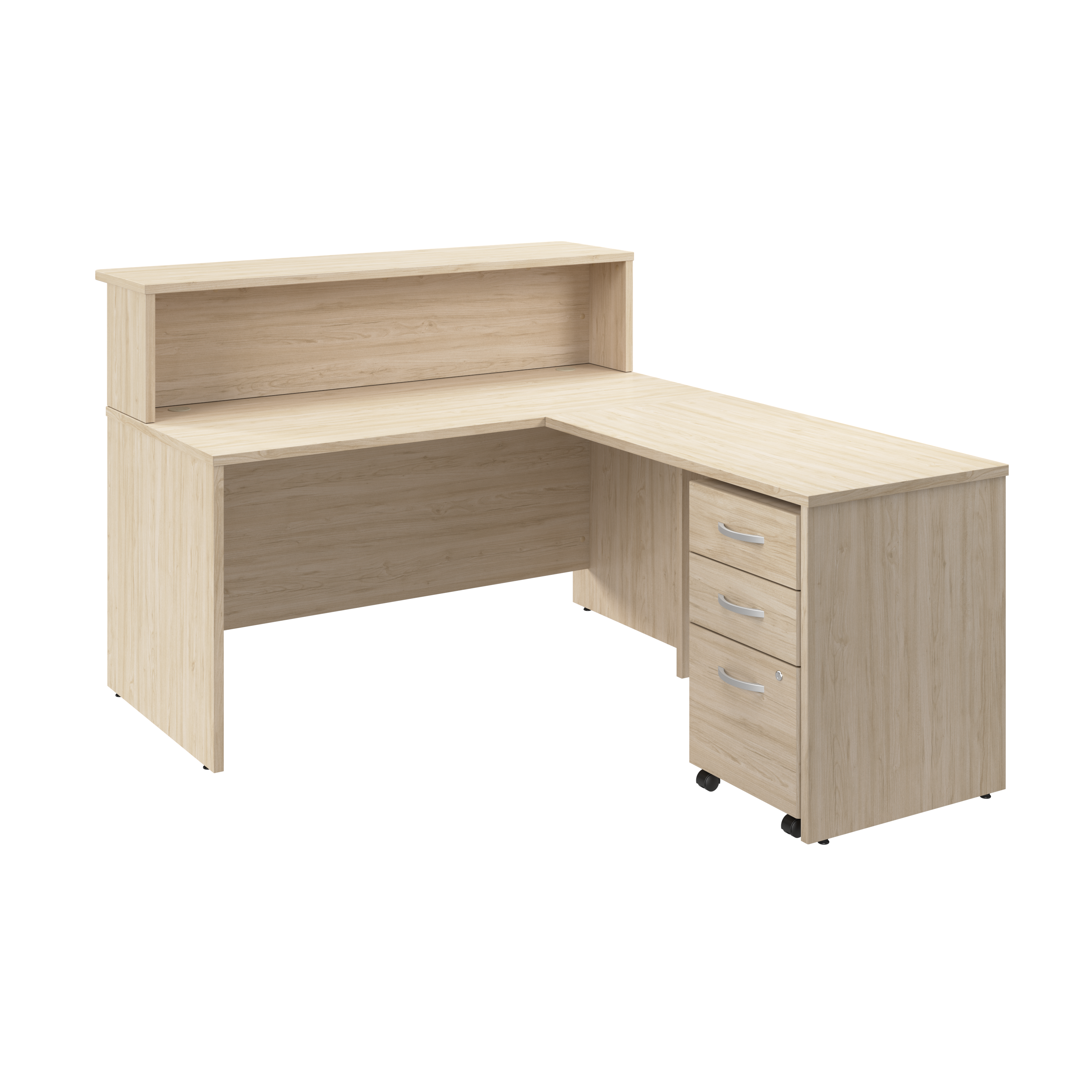 Shop Bush Business Furniture Arrive 60W x 72D L Shaped Reception Desk with Shelf and Mobile File Cabinet 02 ARV004NE #color_natural elm
