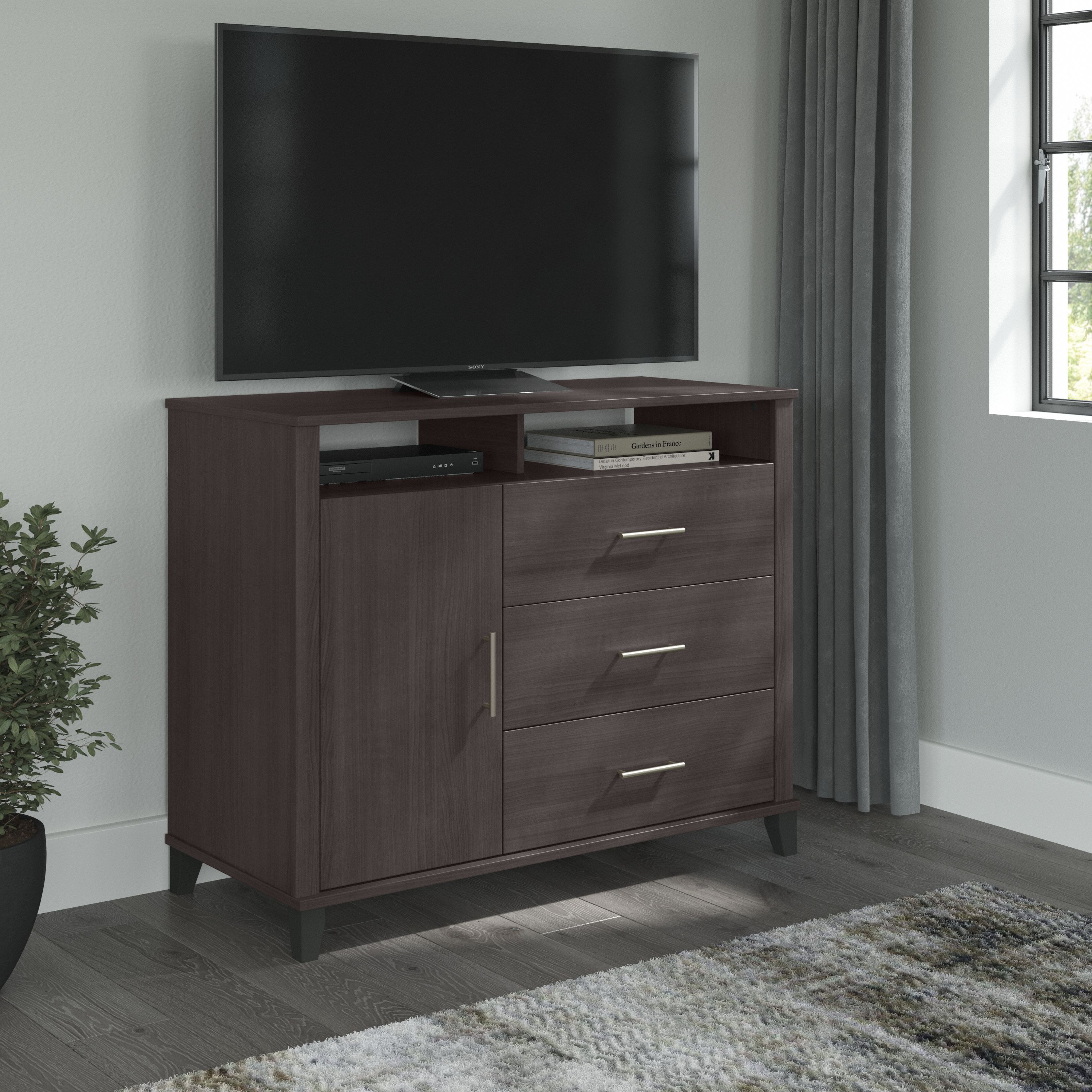 Shop Bush Furniture Somerset 3 Drawer Dresser and Bedroom TV Stand 01 STV148SGK #color_storm gray