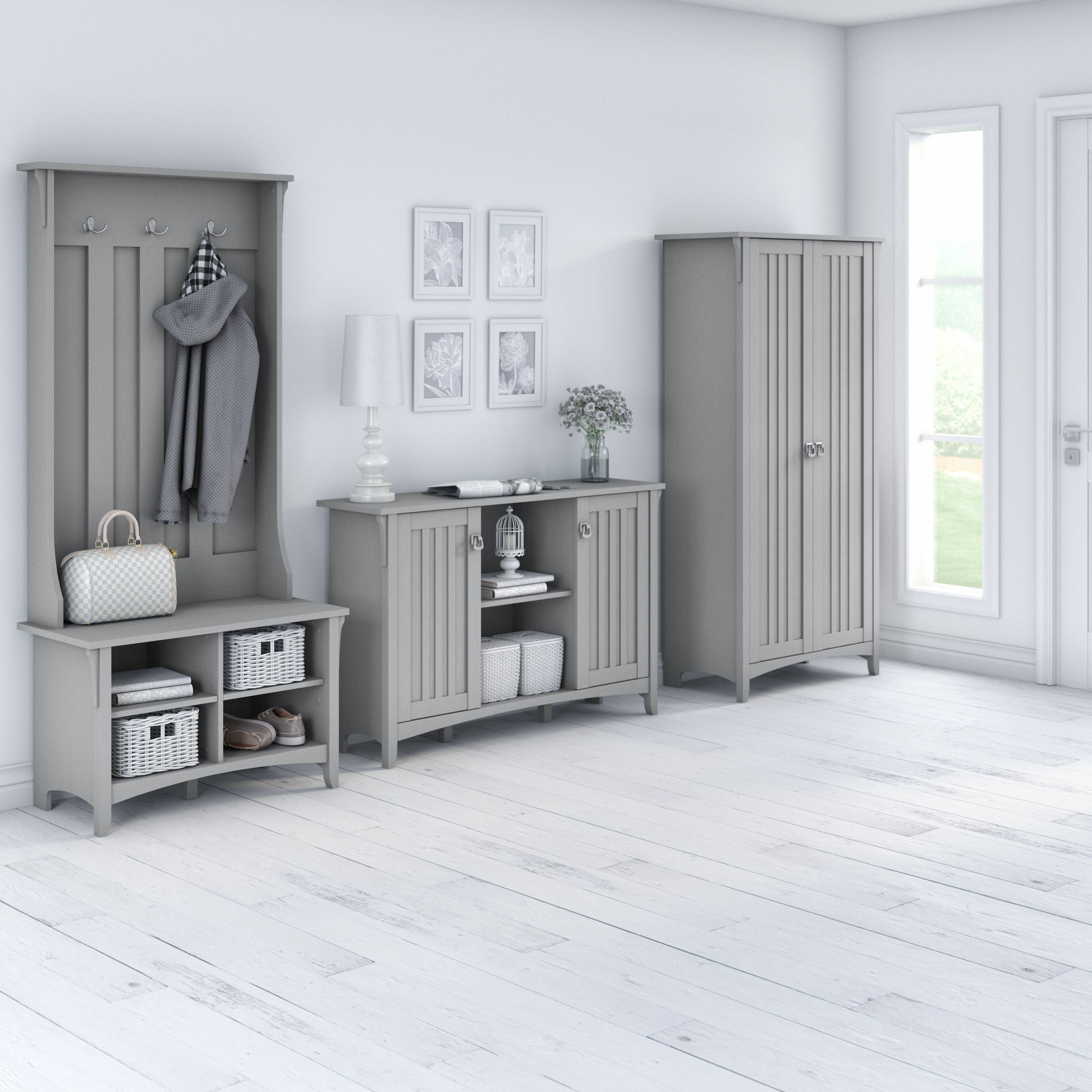 Shop Bush Furniture Salinas Entryway Storage Set with Hall Tree, Shoe Bench and Accent Cabinets 01 SAL016CG #color_cape cod gray