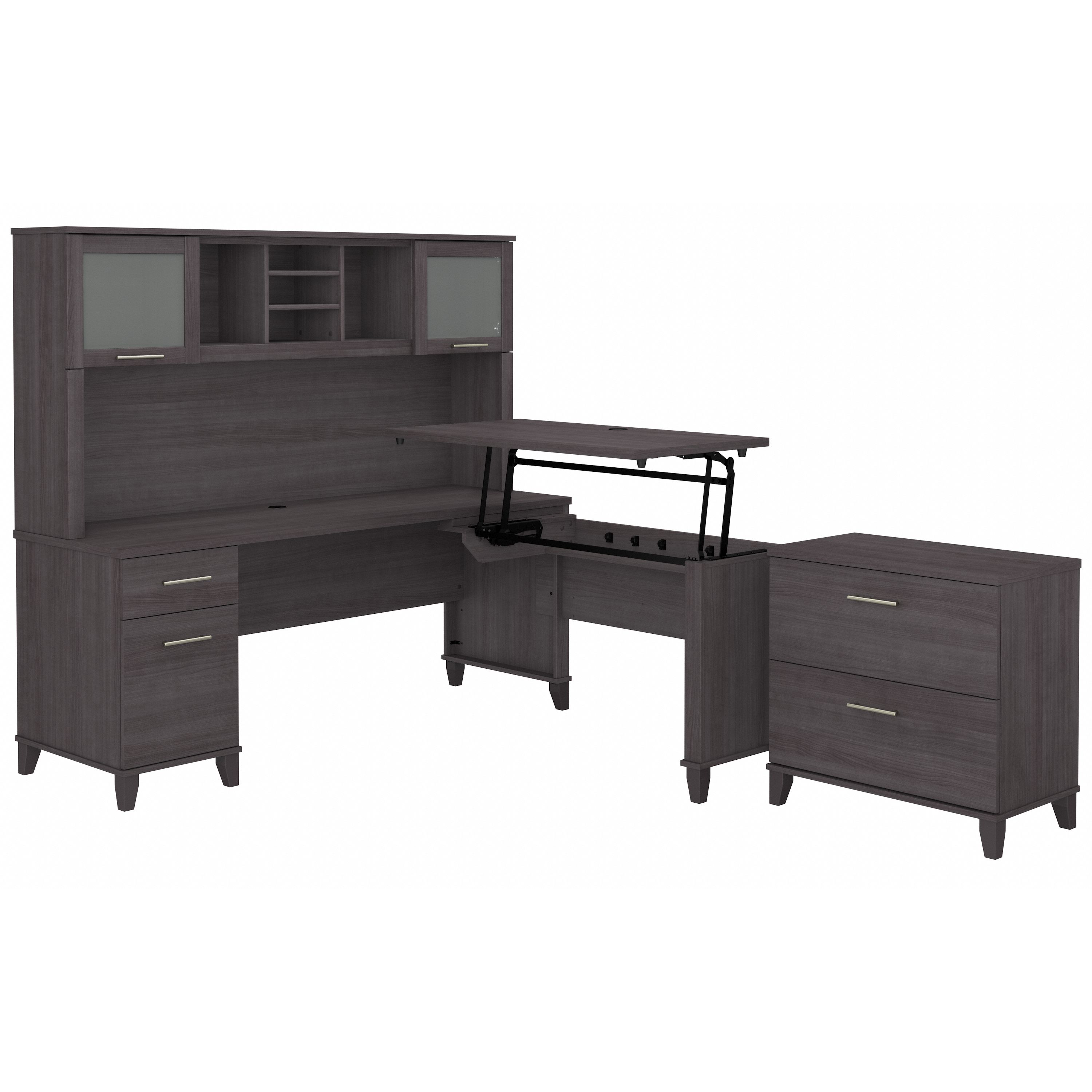 Shop Bush Furniture Somerset 72W 3 Position Sit to Stand L Shaped Desk with Hutch and File Cabinet 02 SET016SG #color_storm gray