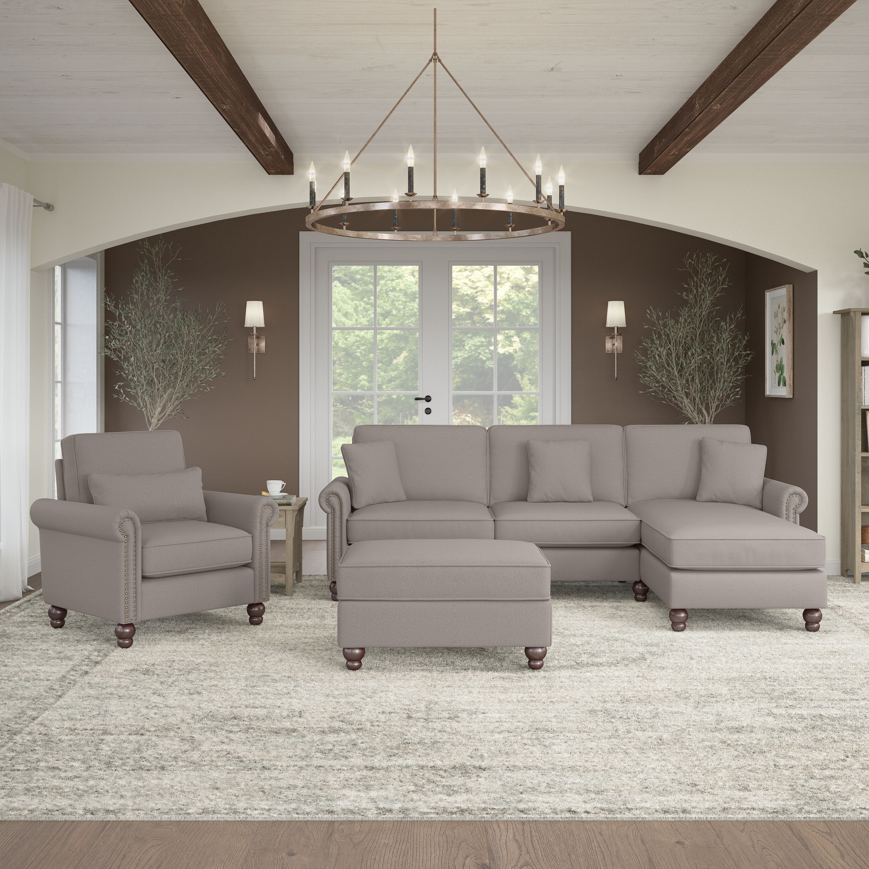 Shop Bush Furniture Coventry 102W Sectional Couch with Reversible Chaise Lounge, Accent Chair, and Ottoman 01 CVN021BGH #color_beige herringbone fabric