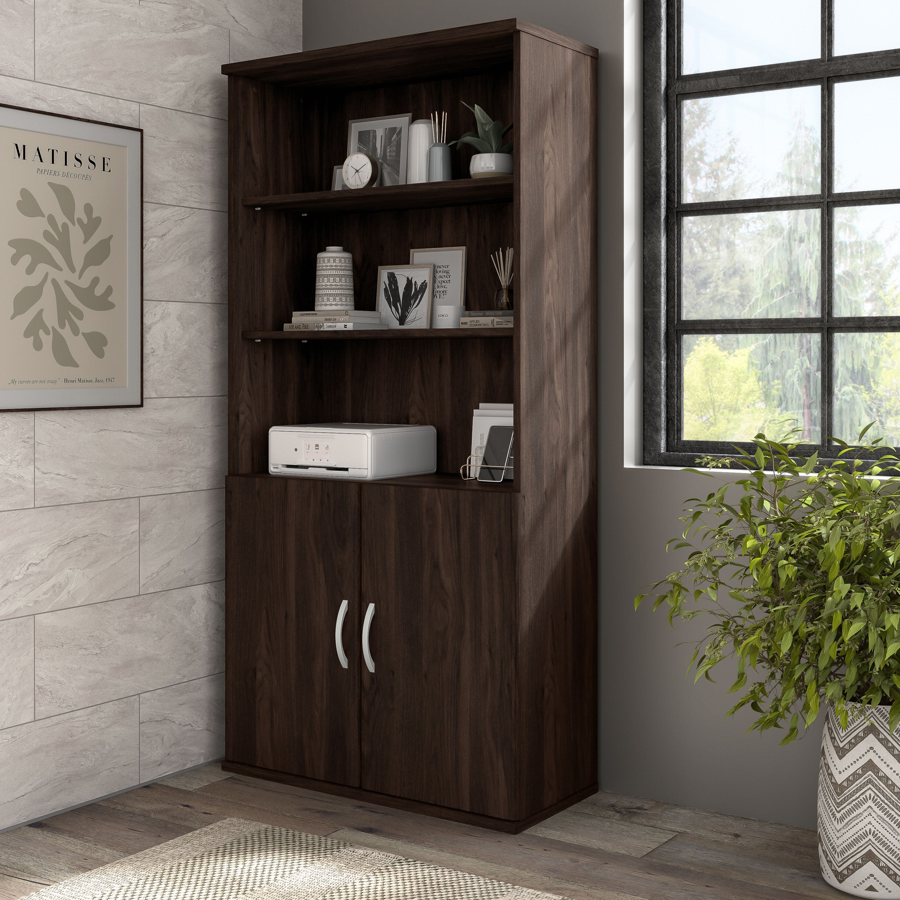 Shop Bush Business Furniture Hybrid Tall 5 Shelf Bookcase with Doors 01 HYB024BW #color_black walnut