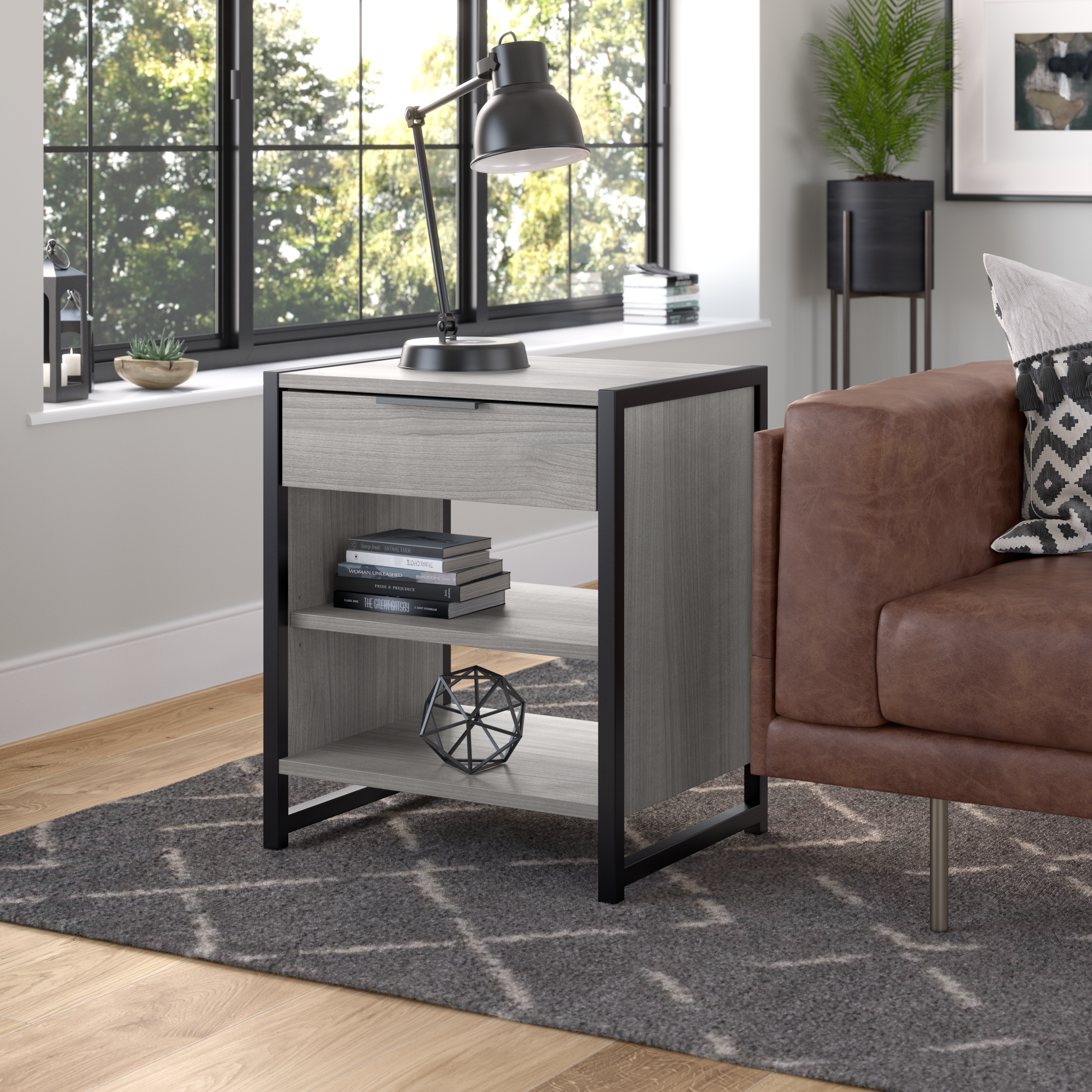 Shop Bush Furniture Atria Small End Table with Drawer and Shelves 01 ARS119PG-Z #color_platinum gray