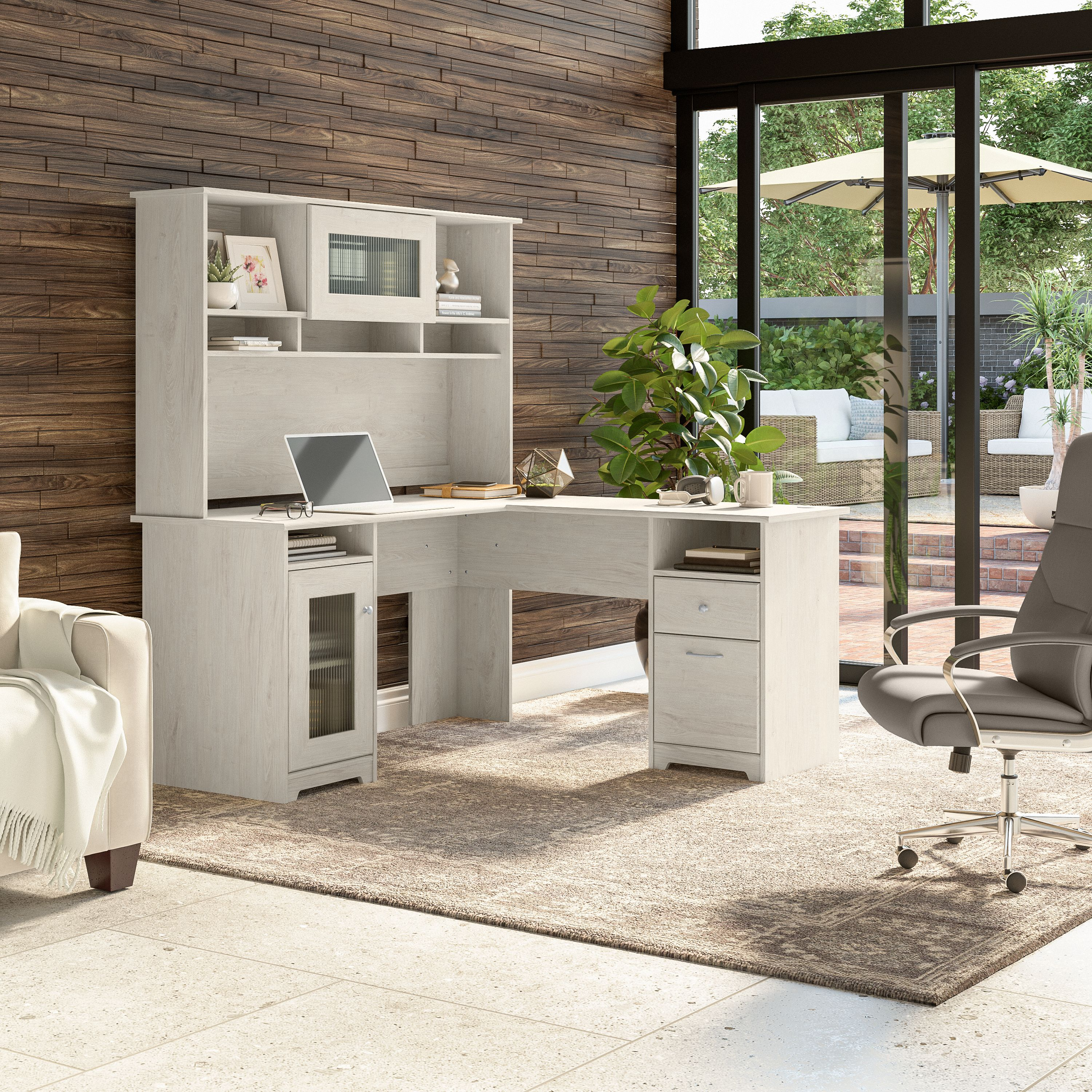 Shop Bush Furniture Cabot 60W L Shaped Computer Desk with Hutch and Storage 01 CAB001LW #color_linen white oak