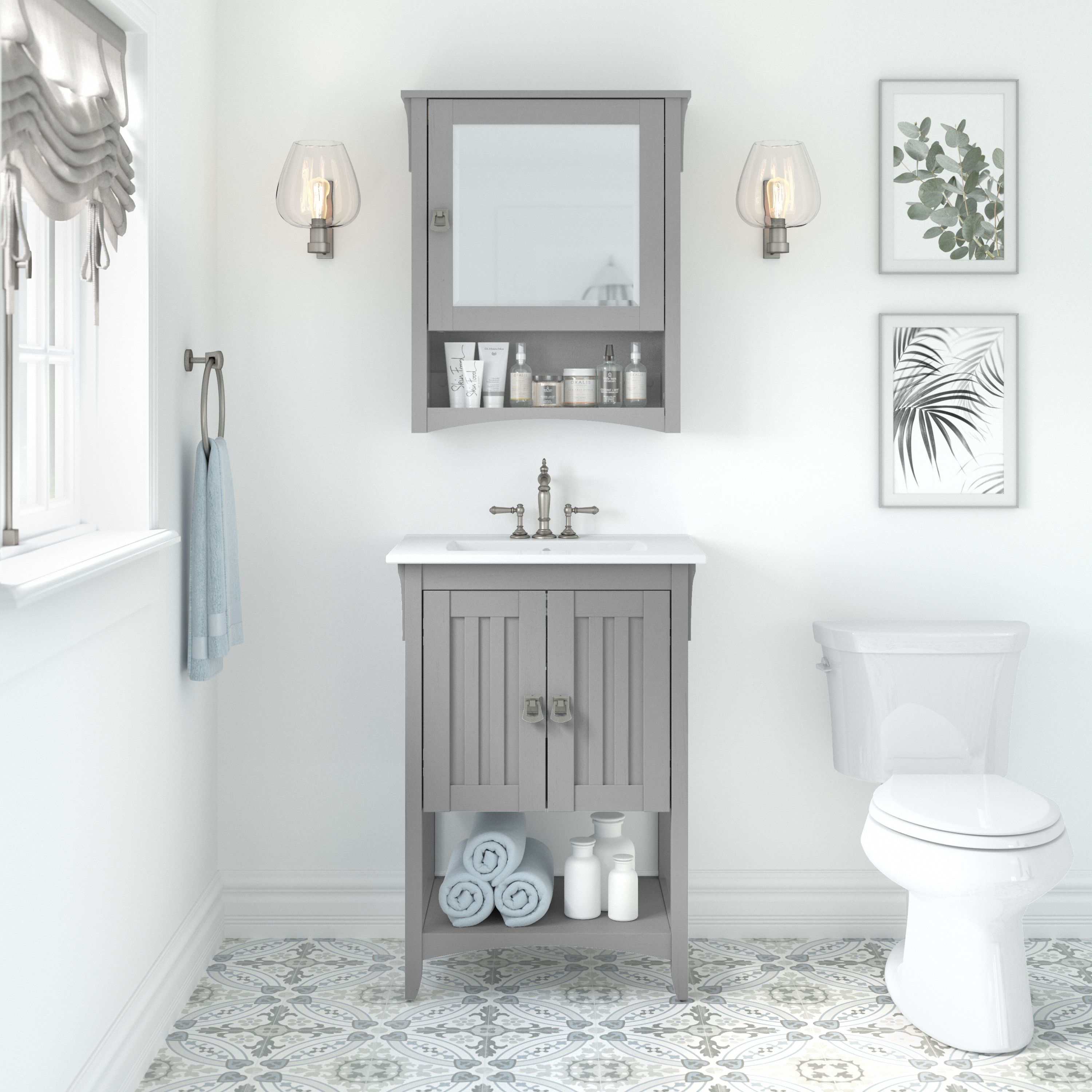 Shop Bush Furniture Salinas 24W Bathroom Vanity Sink and Medicine Cabinet with Mirror 01 SAL018CG #color_cape cod gray