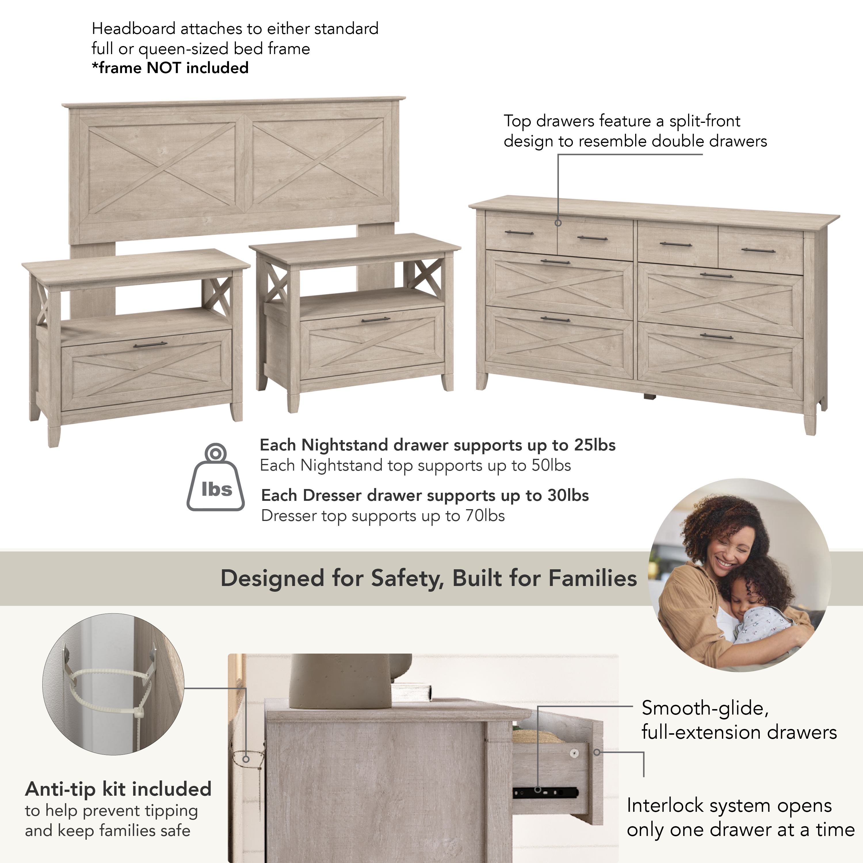 Bush Home Key West 65W Full/Queen Headboard with 6 Drawer Dresser and Set of 2 Nightstands