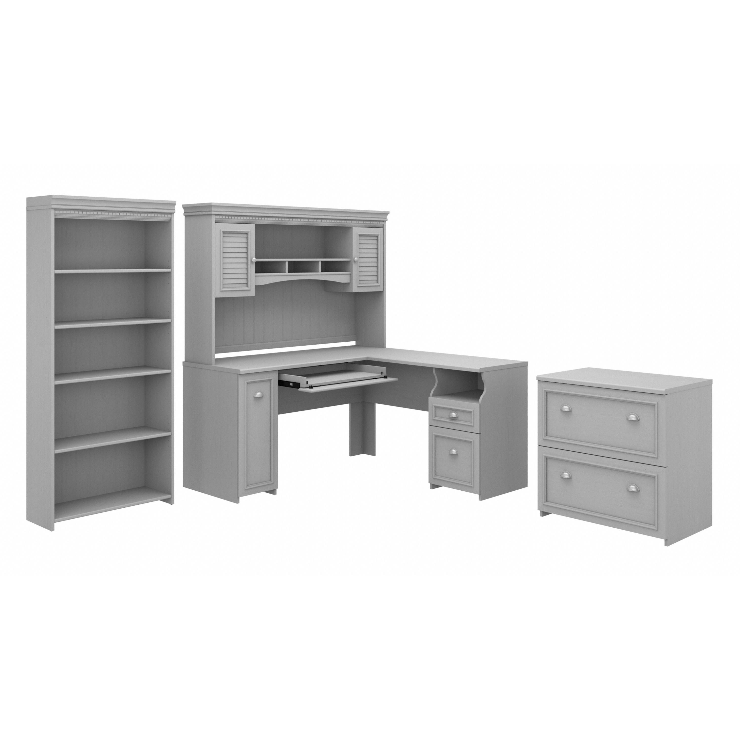 Shop Bush Furniture Fairview 60W L Shaped Desk with Hutch, Lateral File Cabinet and 5 Shelf Bookcase 02 FV006CG #color_cape cod gray