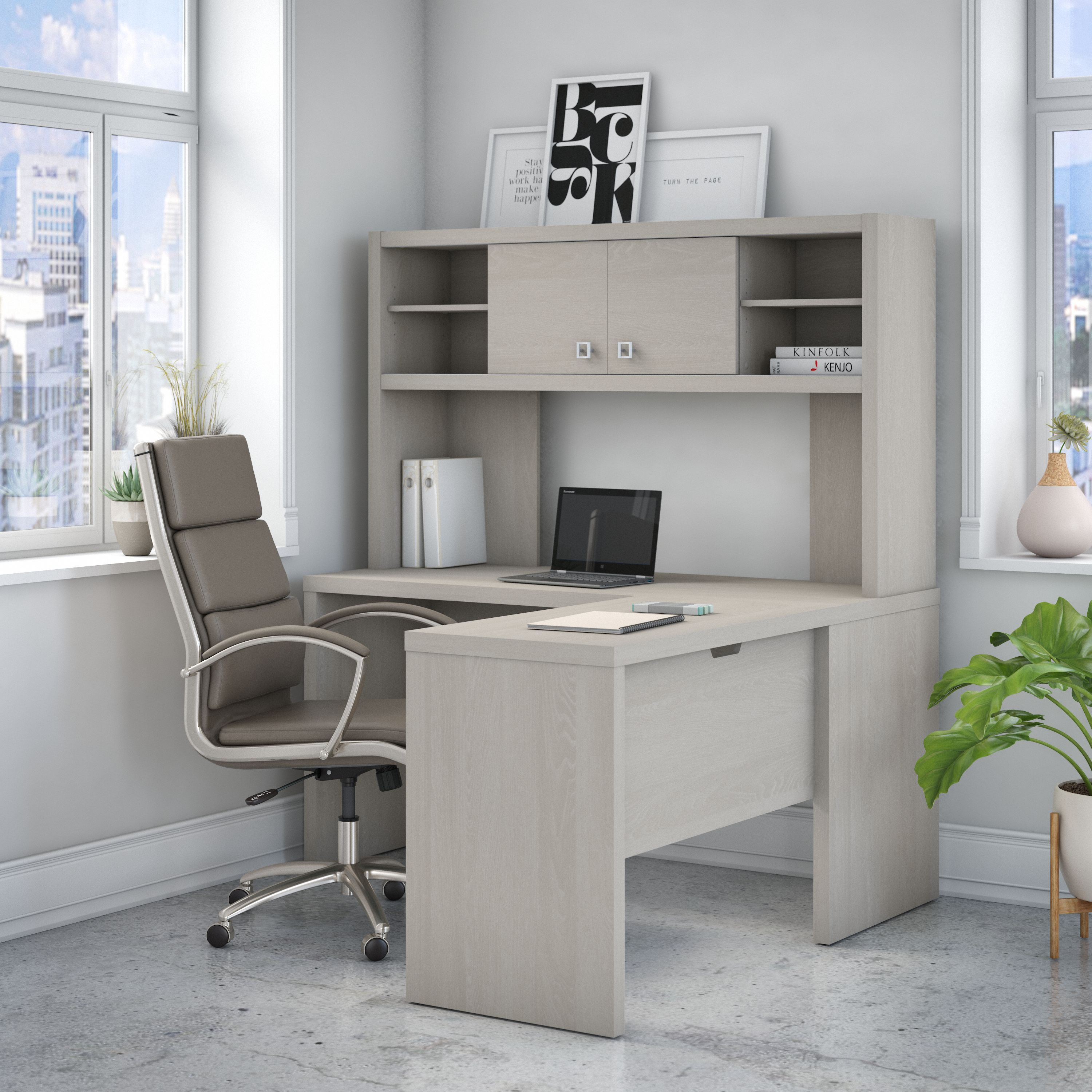 Shop Bush Business Furniture Echo L Shaped Desk with Hutch 01 ECH031GS #color_gray sand