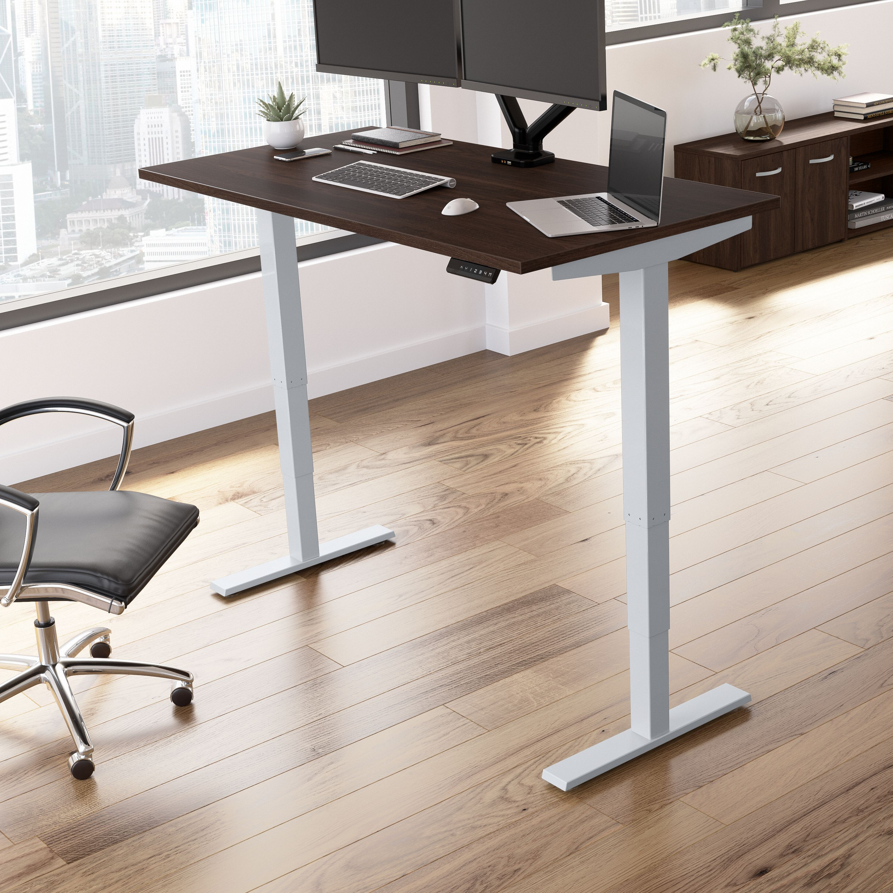 Shop Move 40 Series by Bush Business Furniture 60W x 30D Electric Height Adjustable Standing Desk 01 M4S6030BWSK #color_black walnut/cool gray metallic
