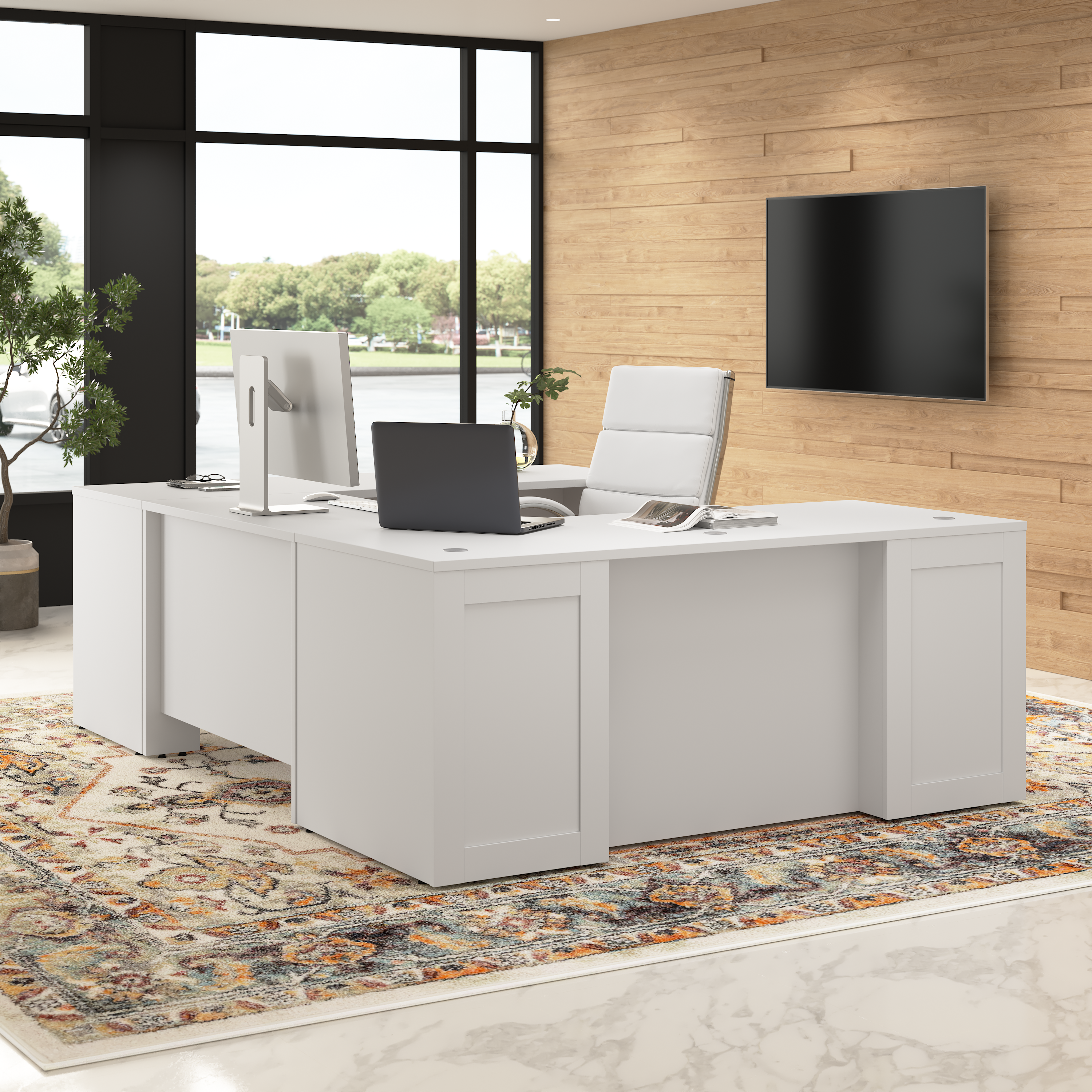Shop Bush Business Furniture Hampton Heights 72W x 30D U Station with 3 Drawer Mobile File Cabinet 01 HHD002WH #color_white