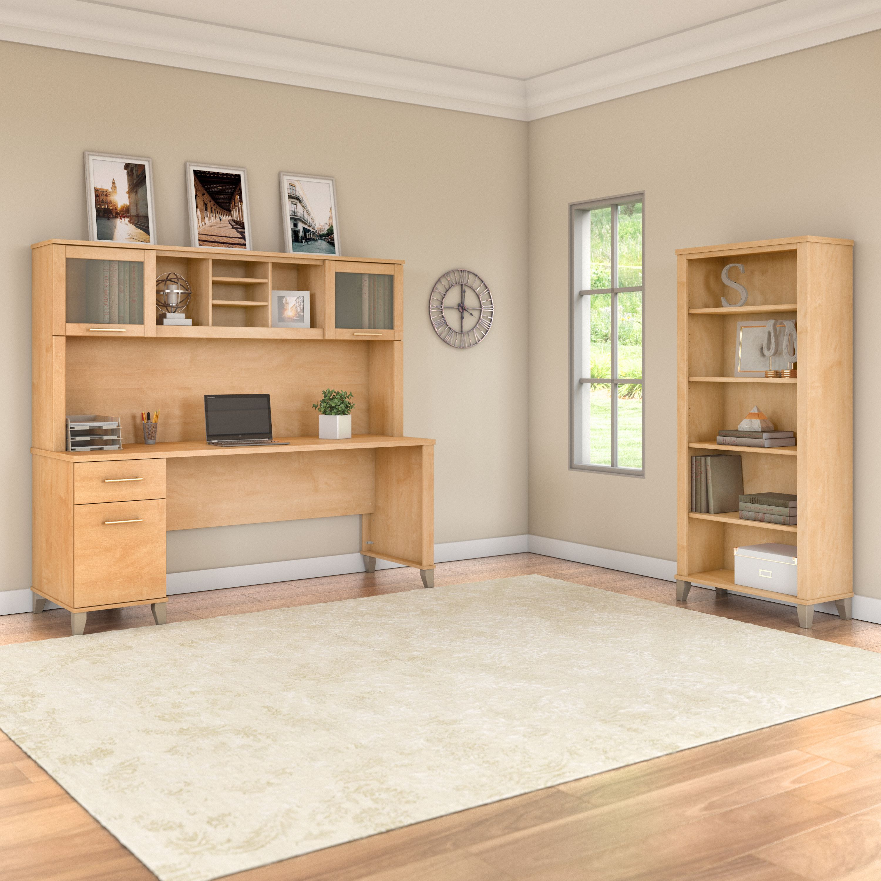 Shop Bush Furniture Somerset 72W Office Desk with Hutch and 5 Shelf Bookcase 01 SET020MC #color_maple cross