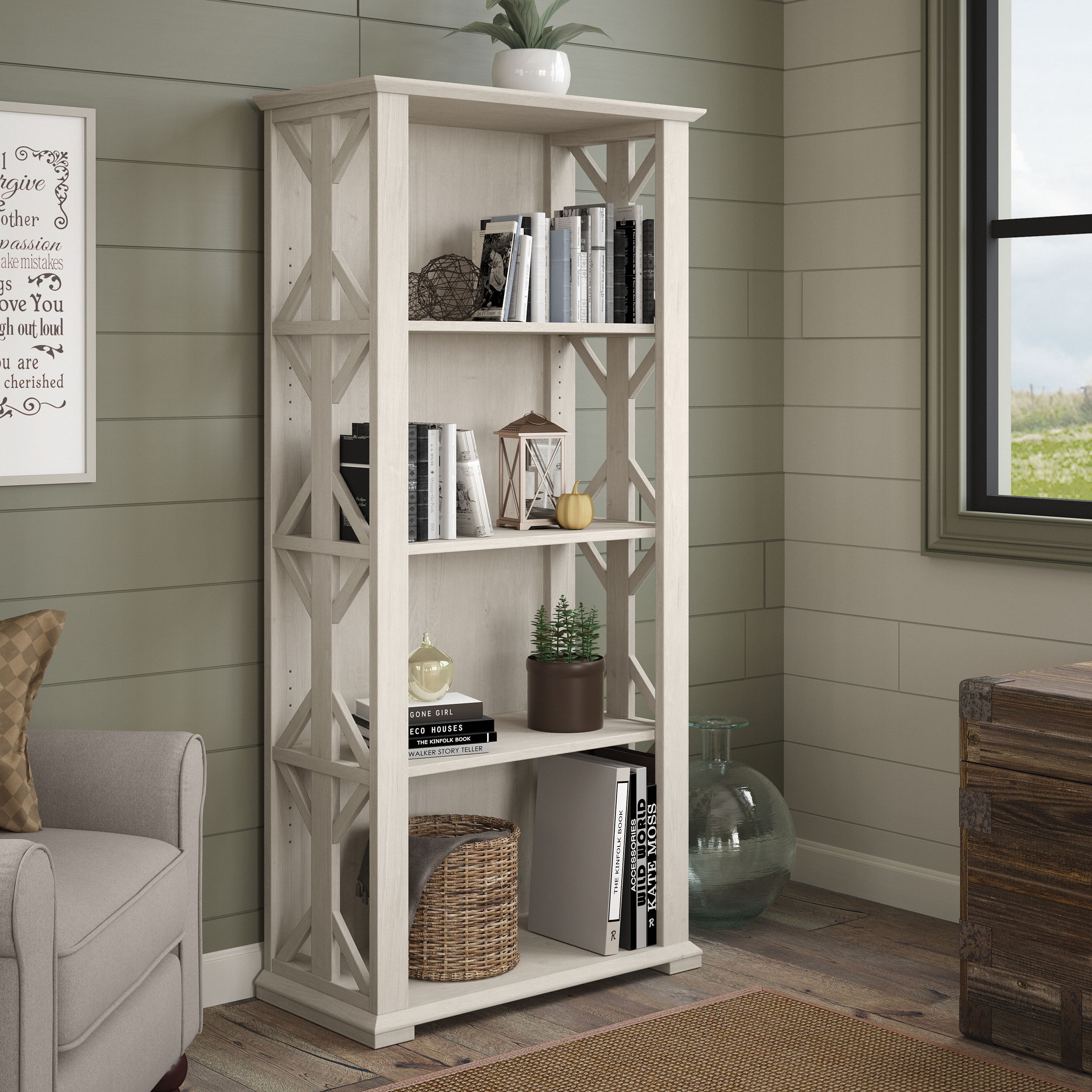 Shop Bush Furniture Homestead 4 Shelf Farmhouse Bookcase 01 HOB166LW-03 #color_linen white oak