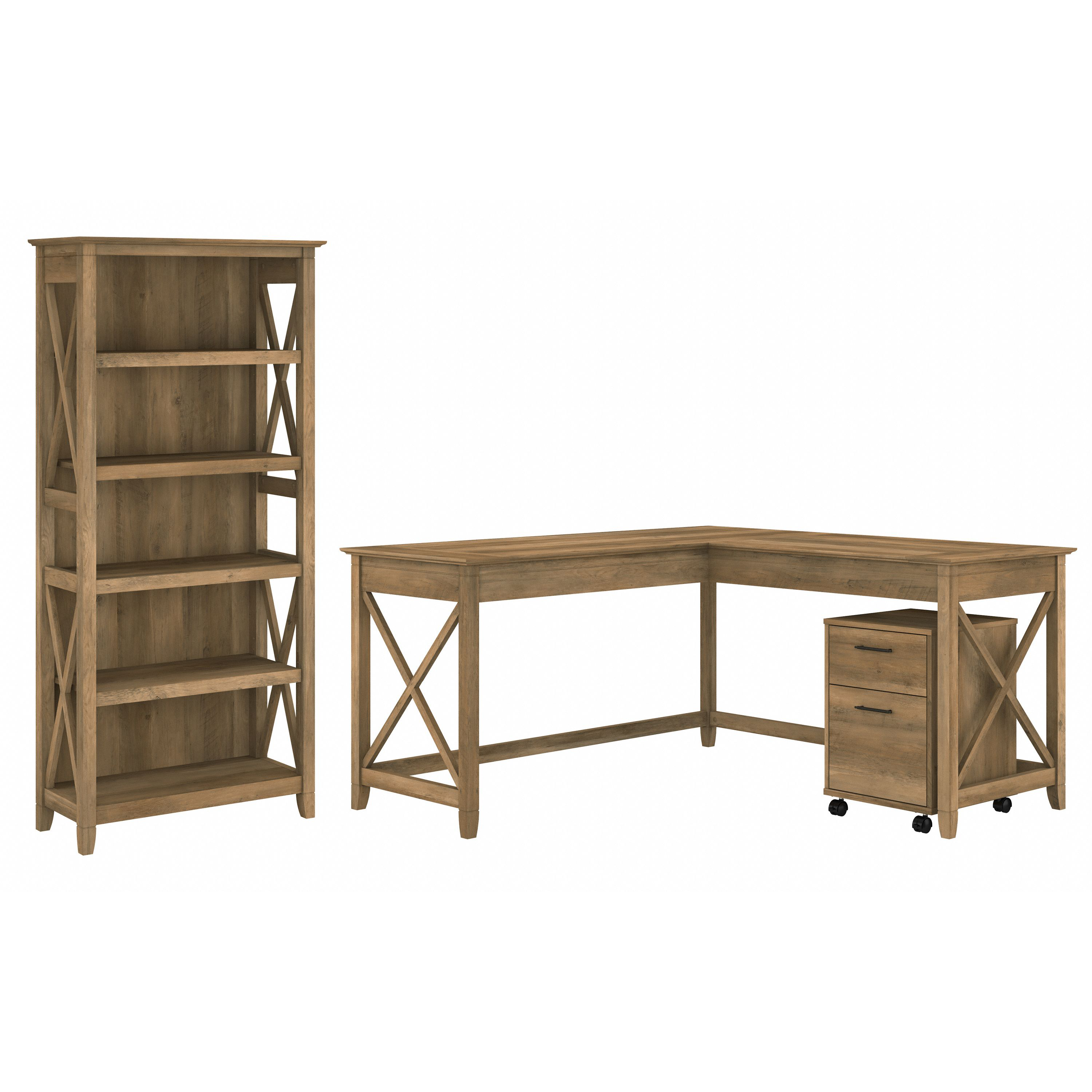 Shop Bush Furniture Key West 60W L Shaped Desk with 2 Drawer Mobile File Cabinet and 5 Shelf Bookcase 02 KWS016RCP #color_reclaimed pine