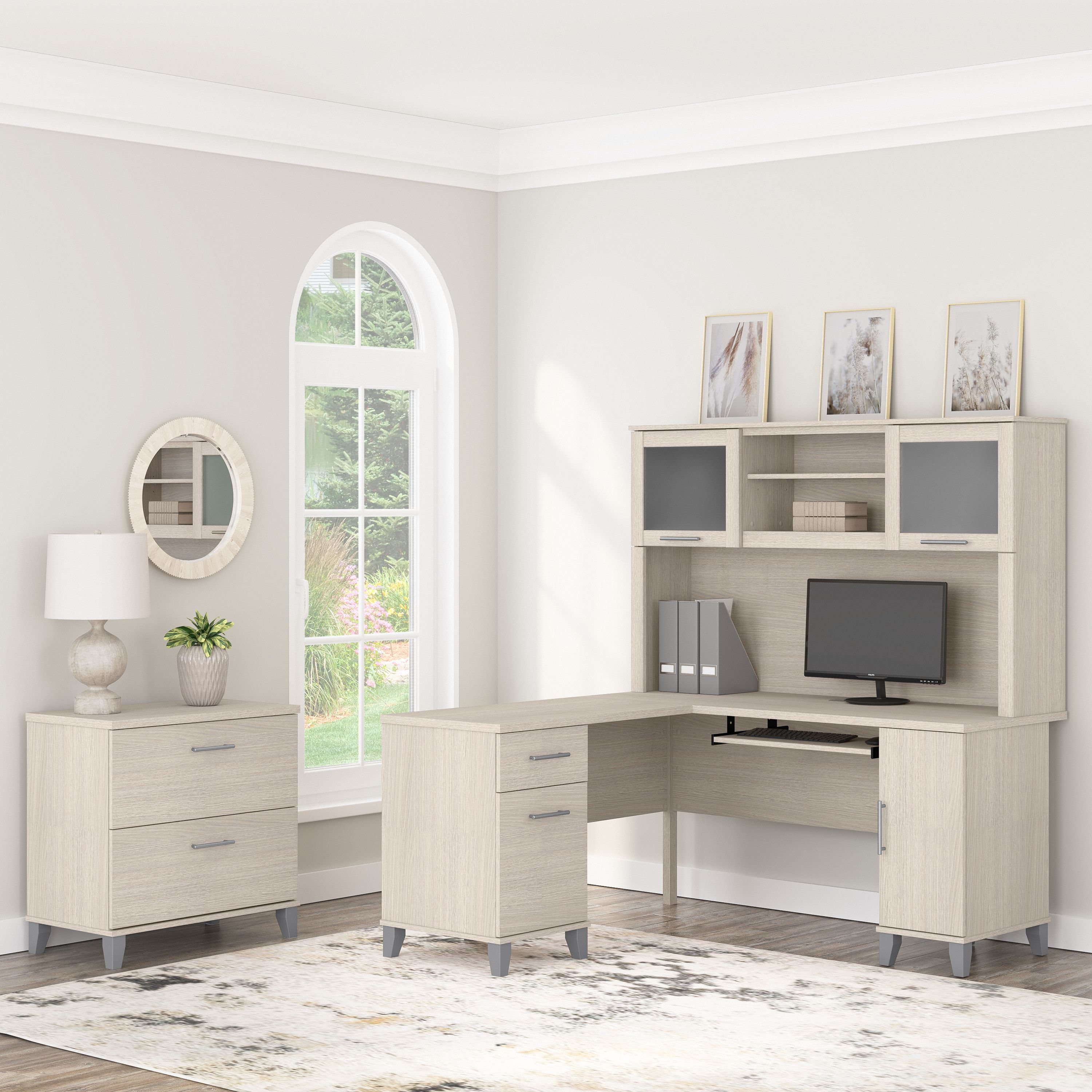 Shop Bush Furniture Somerset 60W L Shaped Desk with Hutch and Lateral File Cabinet 01 SET008SO #color_sand oak