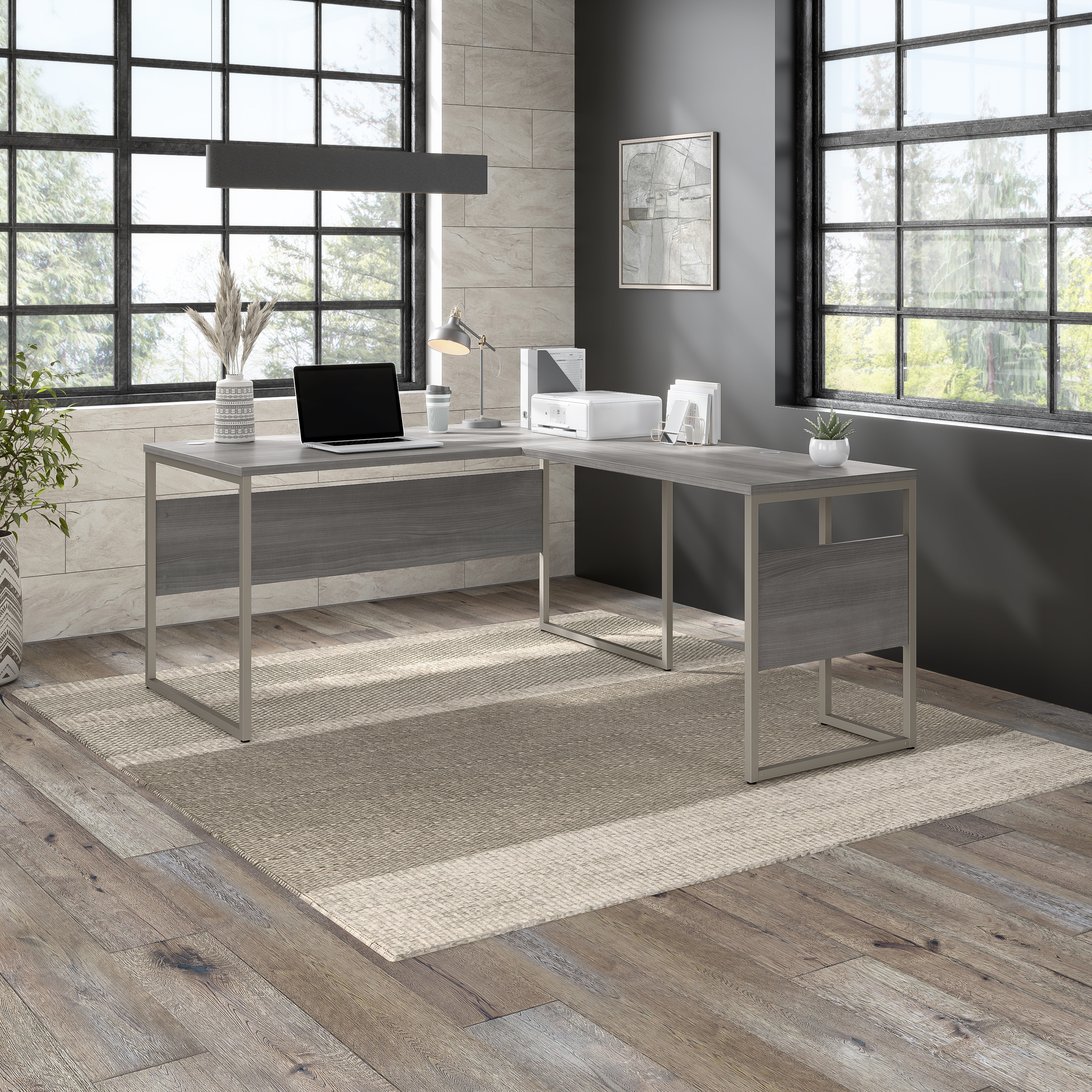 Shop Bush Business Furniture Hybrid 60W x 30D L Shaped Table Desk with Metal Legs 01 HYB027PG #color_platinum gray