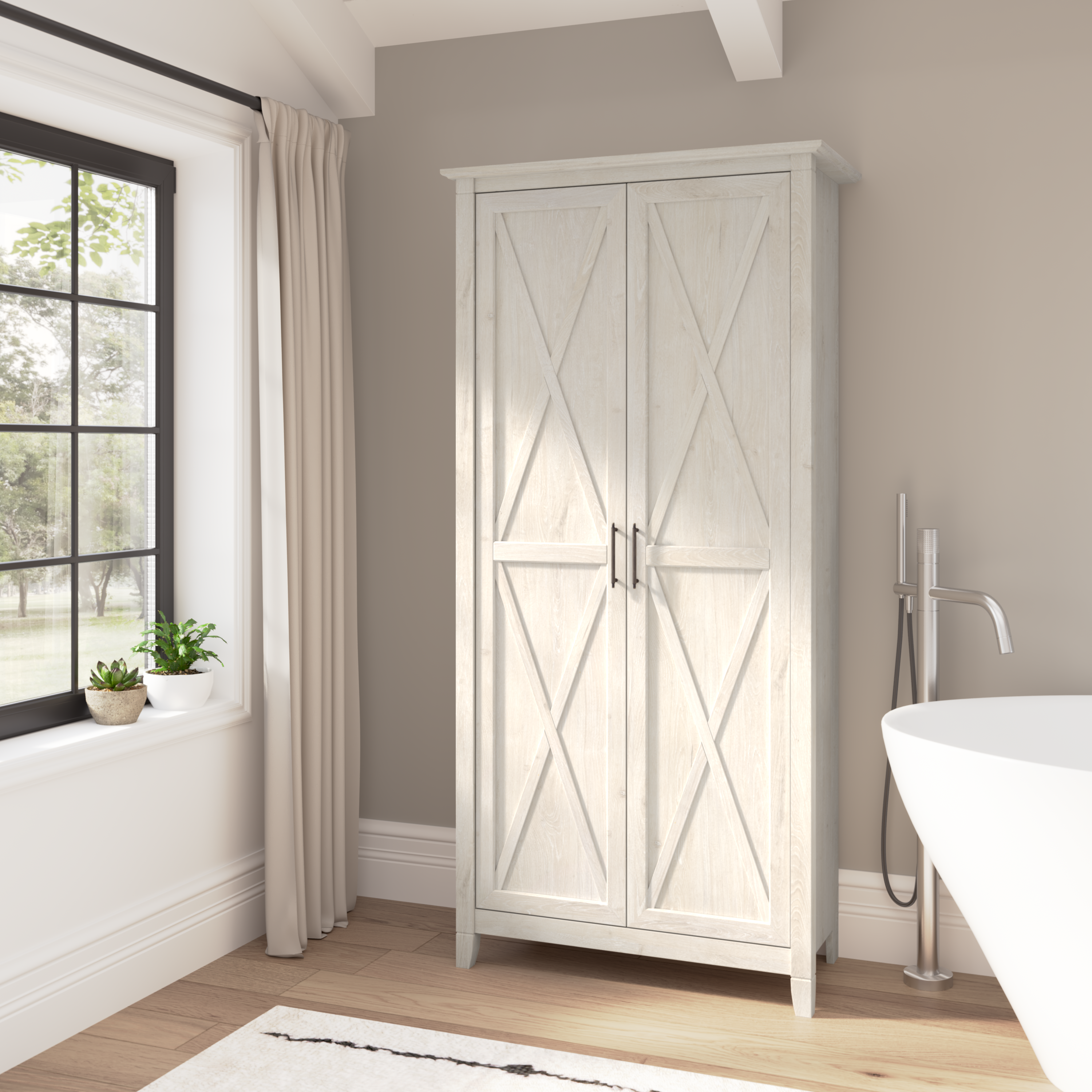 Shop Bush Furniture Key West Tall Bathroom Cabinet with Doors and Shelves 01 KWS266LW-Z1 #color_linen white oak/pure white