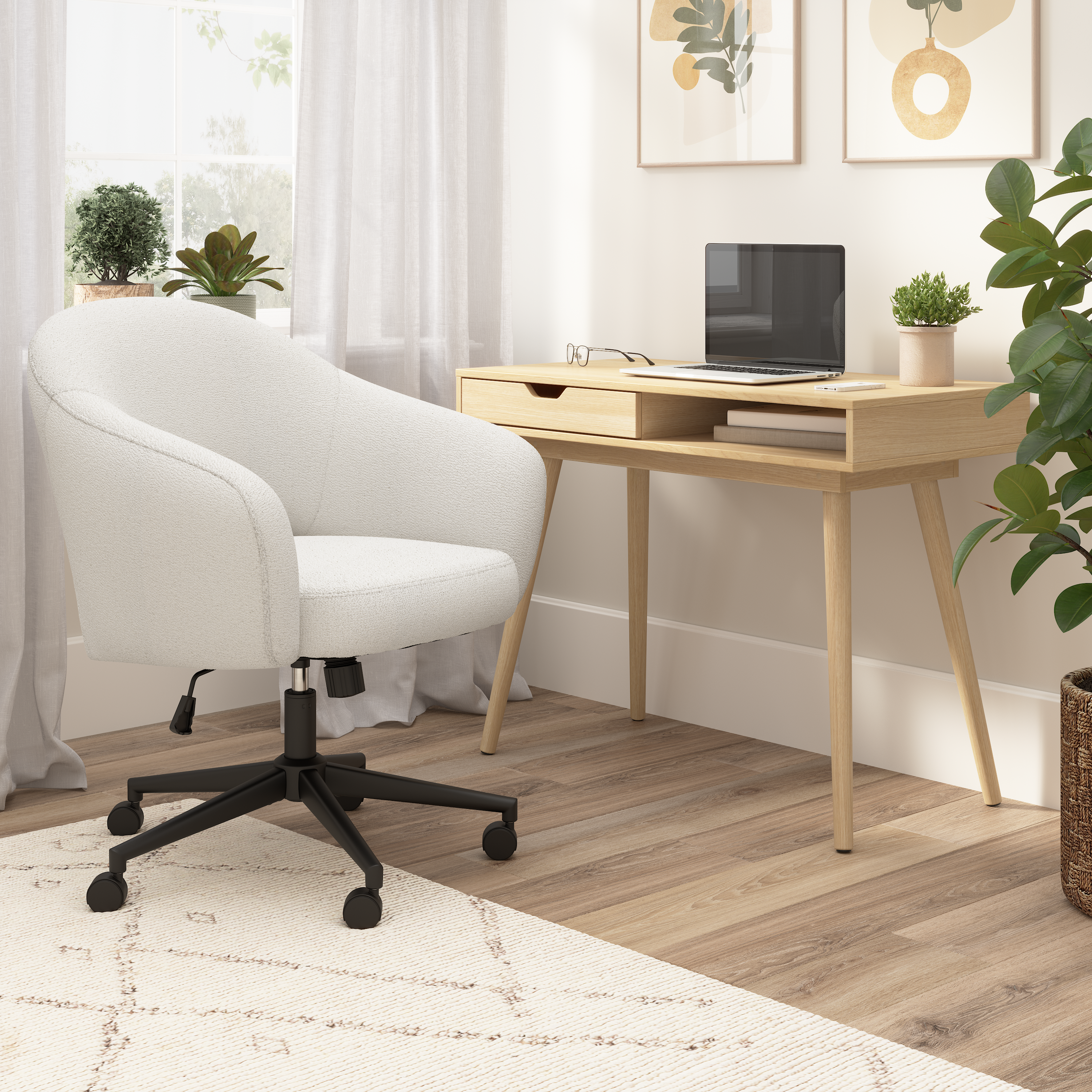 Shop Bush Furniture Nora 40W Small Writing Desk and Chair Set for Home Office 01 NRA002NO #color_natural oak/light cream fabric
