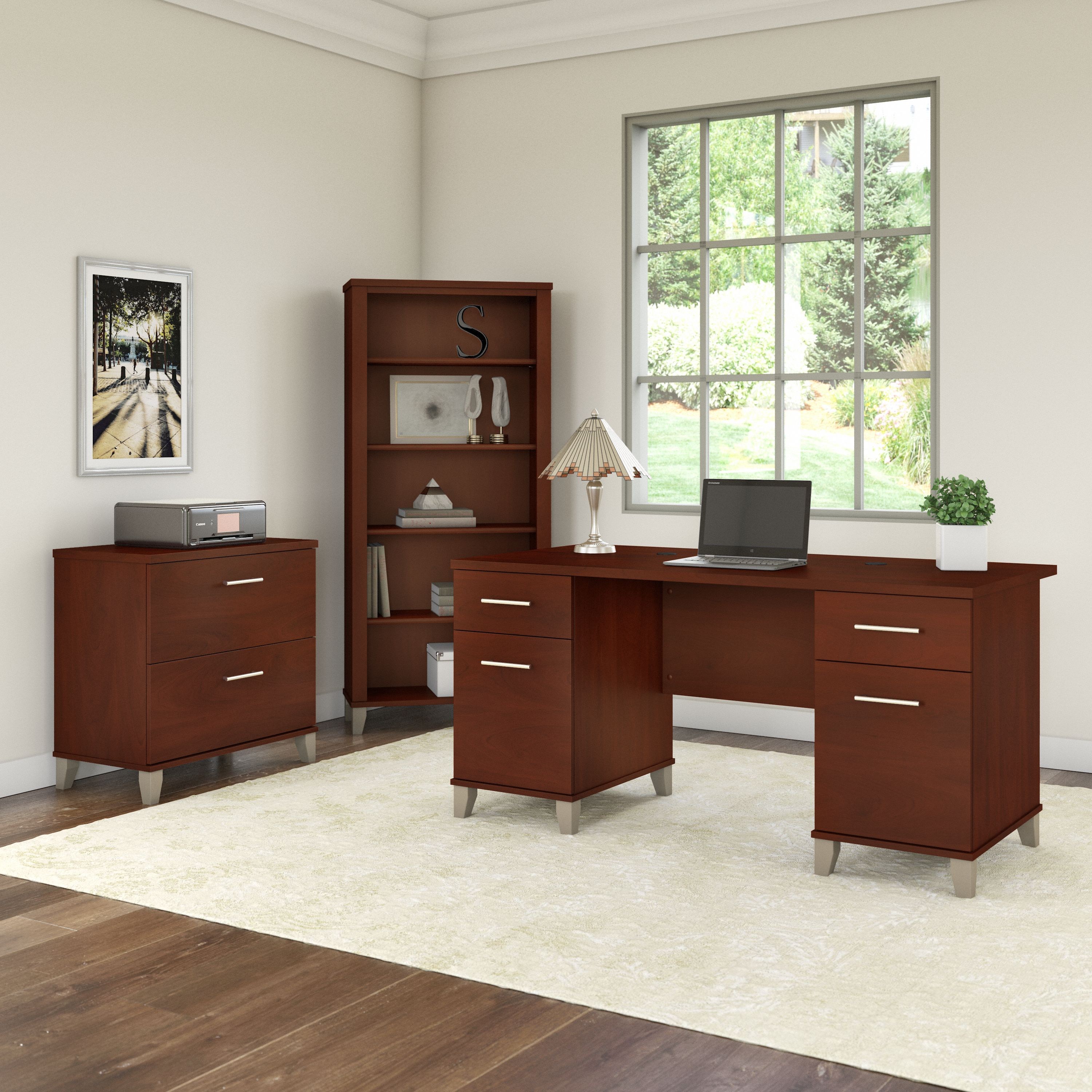 Shop Bush Furniture Somerset 60W Office Desk with Lateral File Cabinet and 5 Shelf Bookcase 01 SET013HC #color_hansen cherry