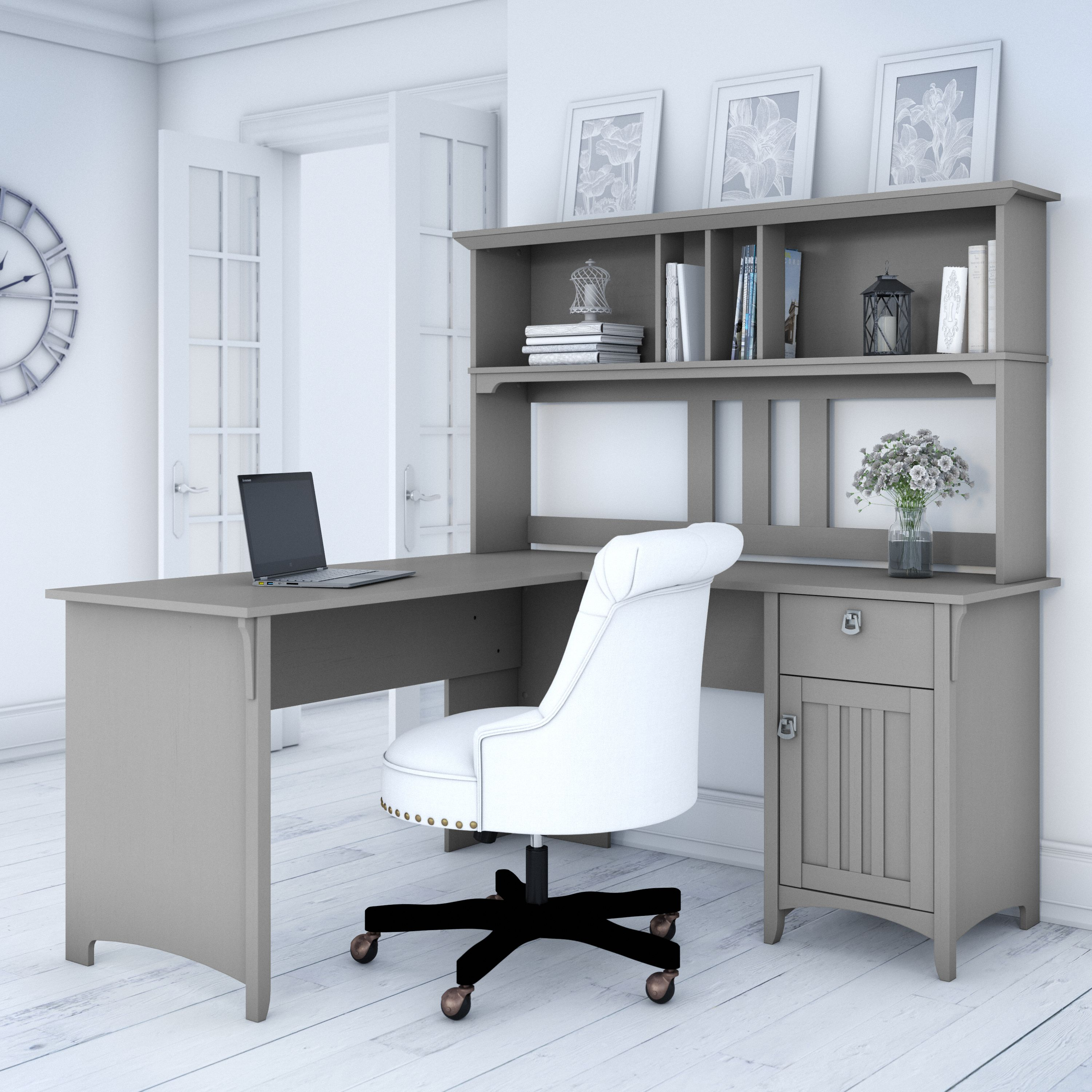 Shop Bush Furniture Salinas 60W L Shaped Desk with Hutch 01 SAL004CG #color_cape cod gray