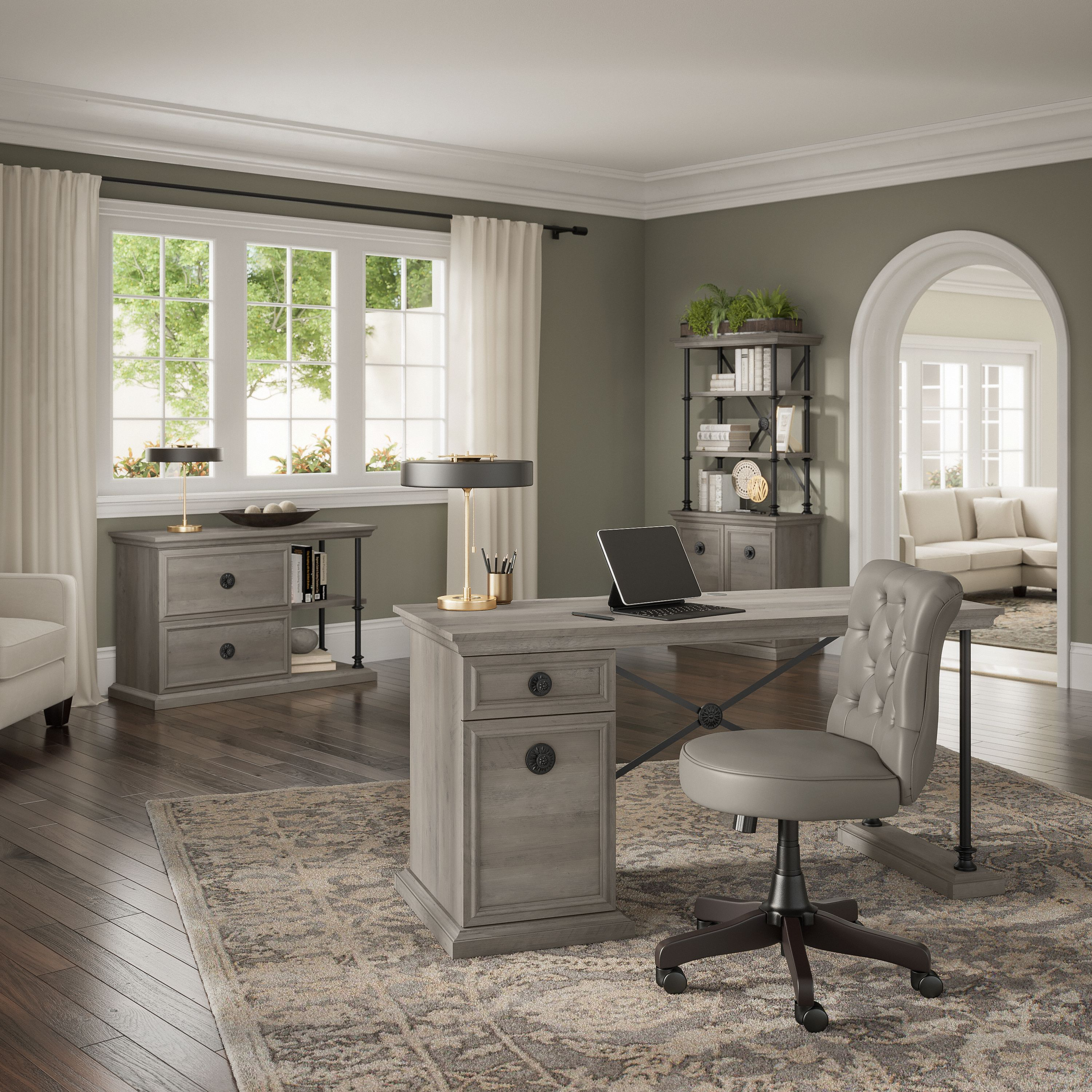 Shop Bush Furniture Coliseum 60W Designer Desk and Chair Set with Lateral File Cabinet and Bookcase with Doors 01 CSM003DG #color_driftwood gray