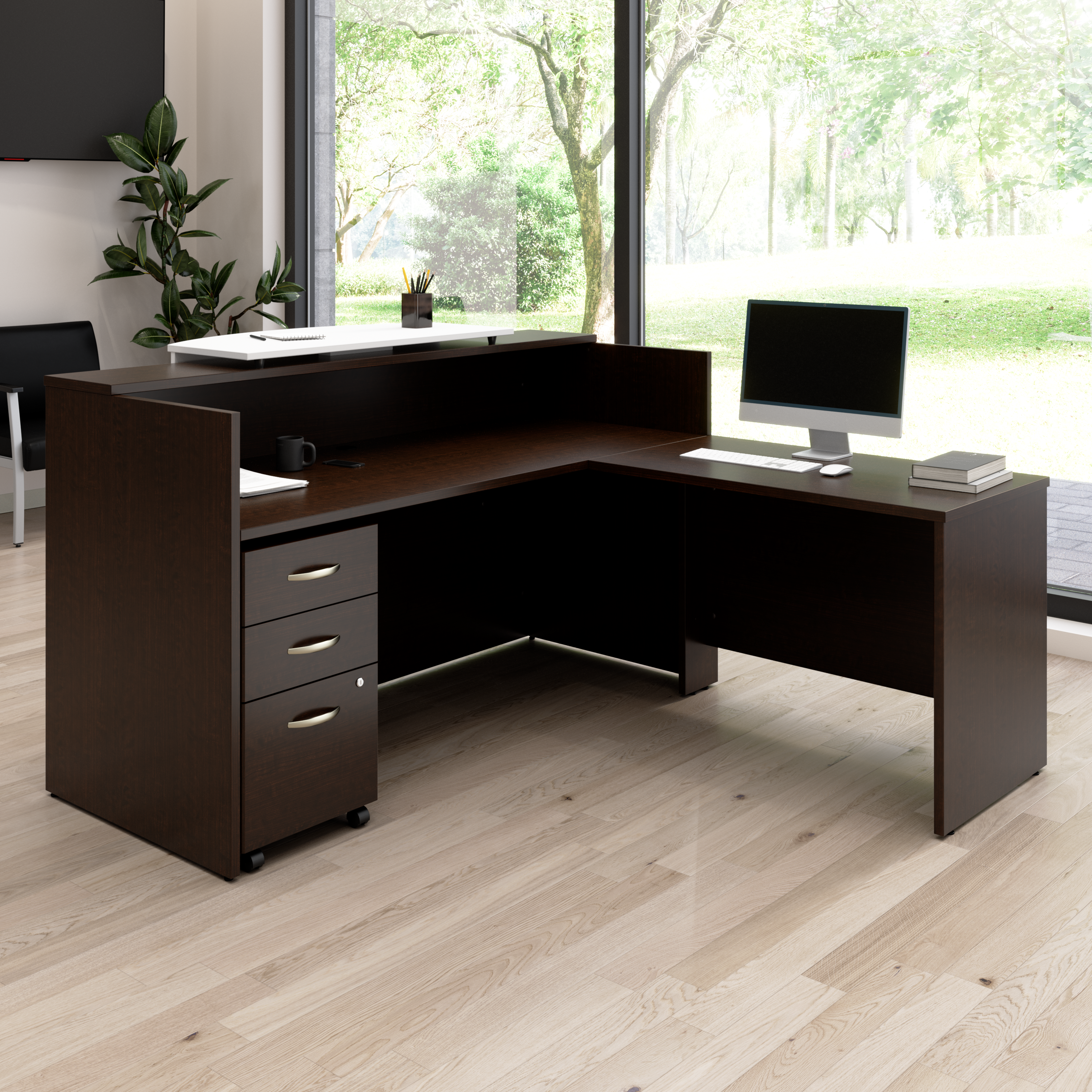 Shop Bush Business Furniture Arrive 72W x 72D L Shaped Reception Desk with Counter and Mobile File Cabinet 01 ARV010MR #color_mocha cherry