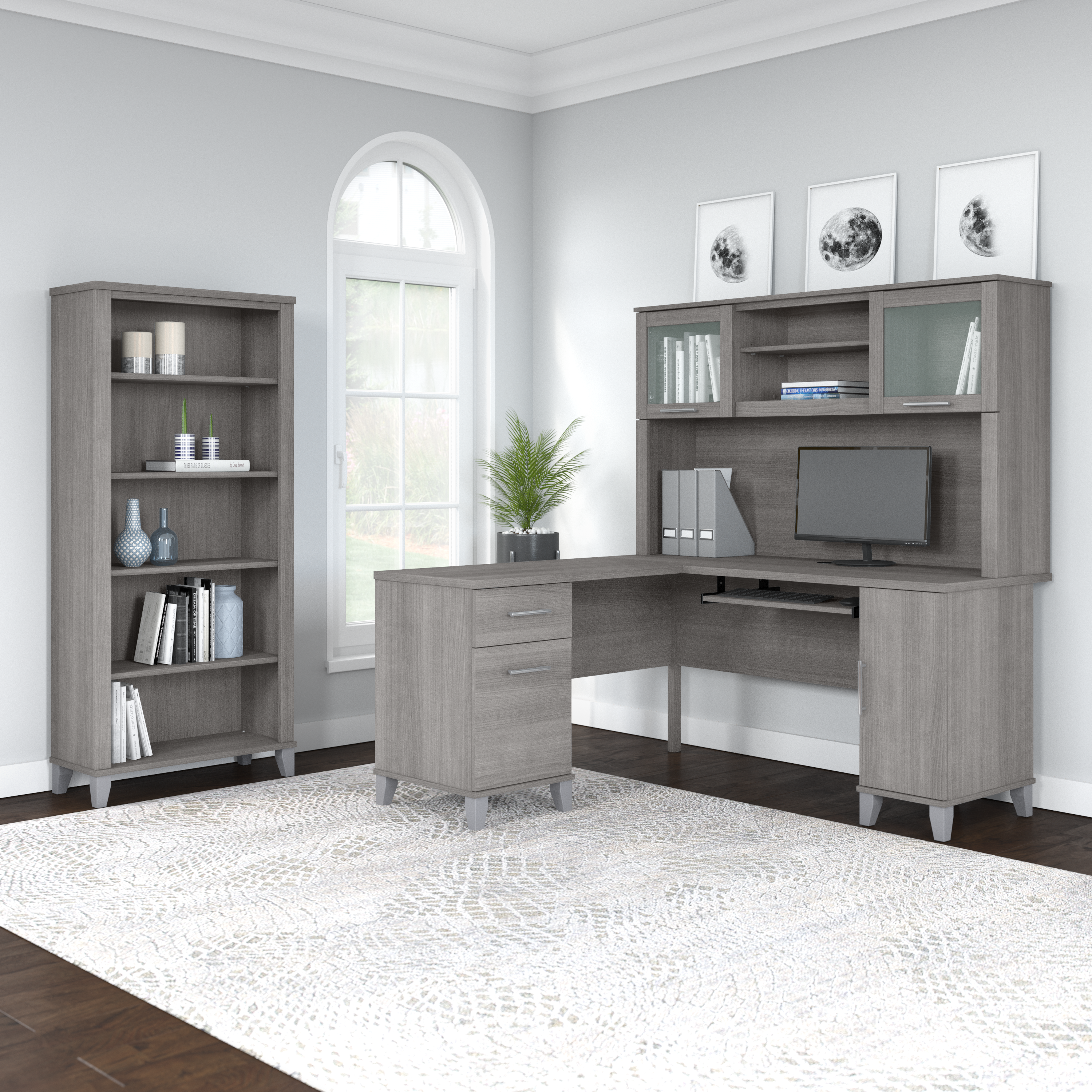 Shop Bush Furniture Somerset 60W L Shaped Desk with Hutch and 5 Shelf Bookcase 01 SET010PG #color_platinum gray