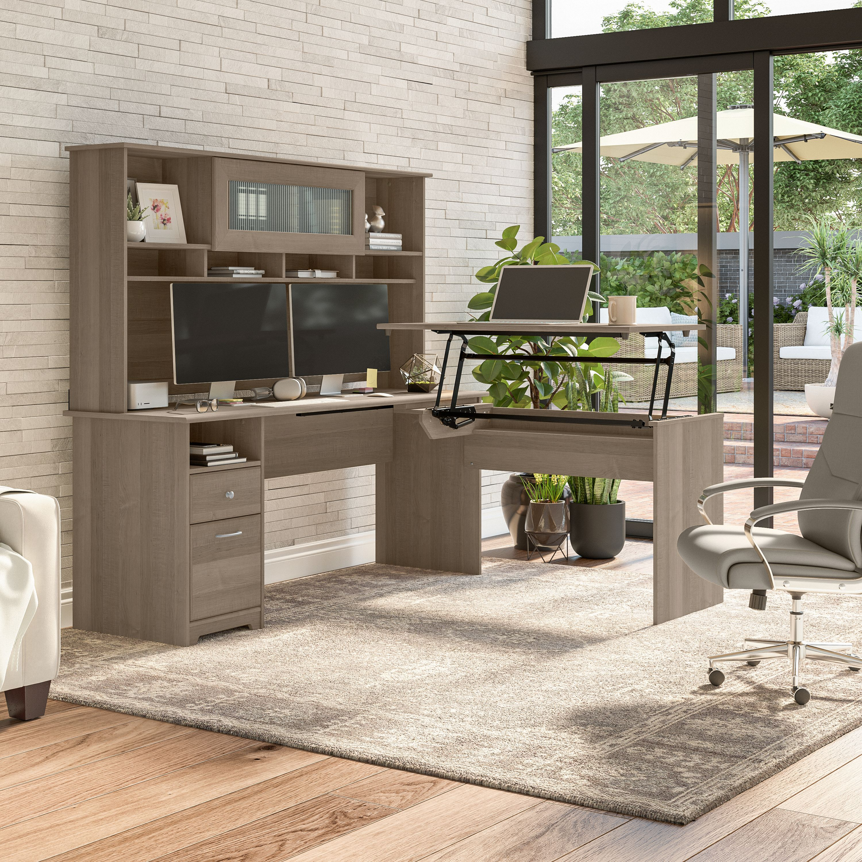 Shop Bush Furniture Cabot 72W 3 Position Sit to Stand L Shaped Desk with Hutch 01 CAB052AG #color_ash gray