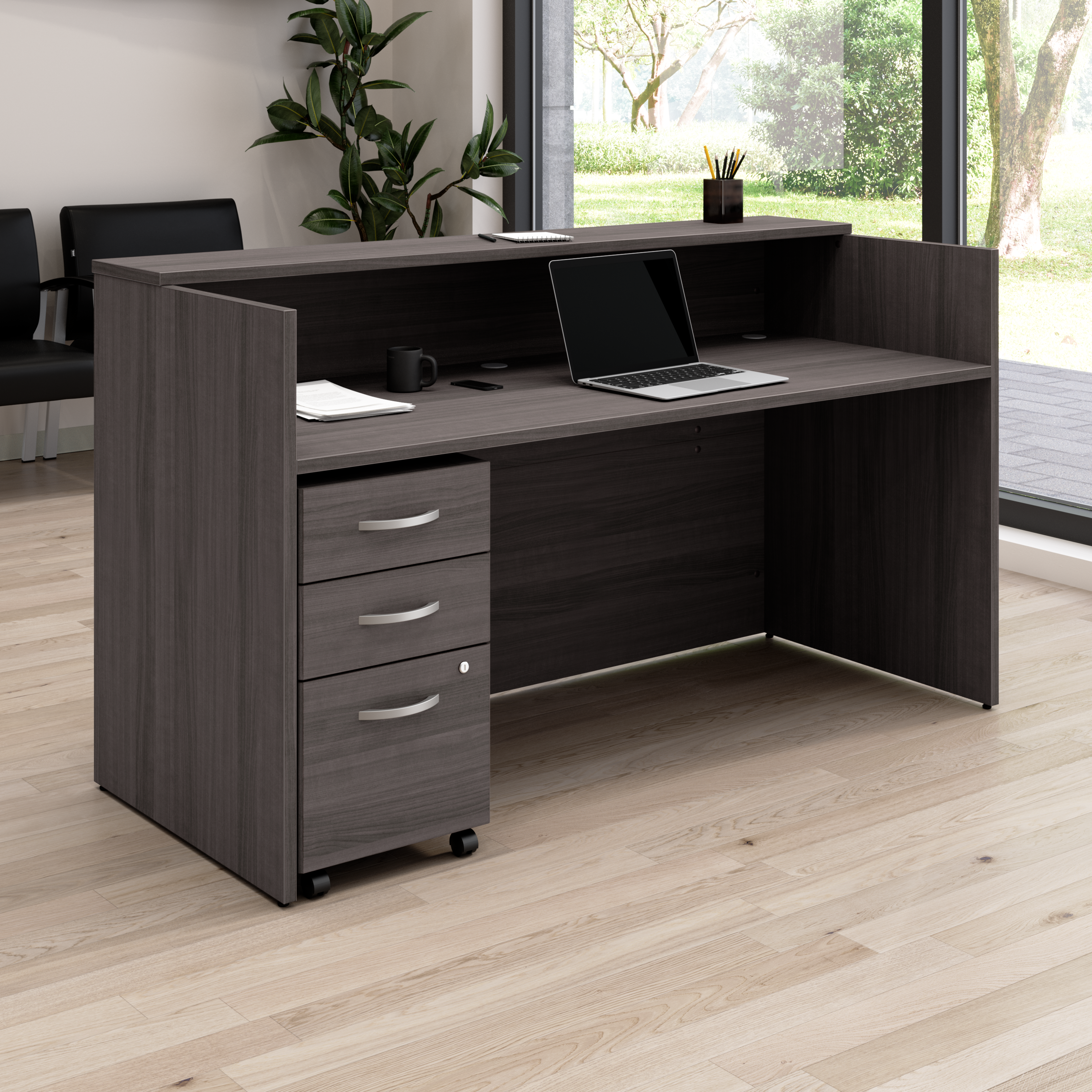 Shop Bush Business Furniture Arrive 72W x 30D Reception Desk with Shelf and Mobile File Cabinet 01 ARV005SG #color_storm gray