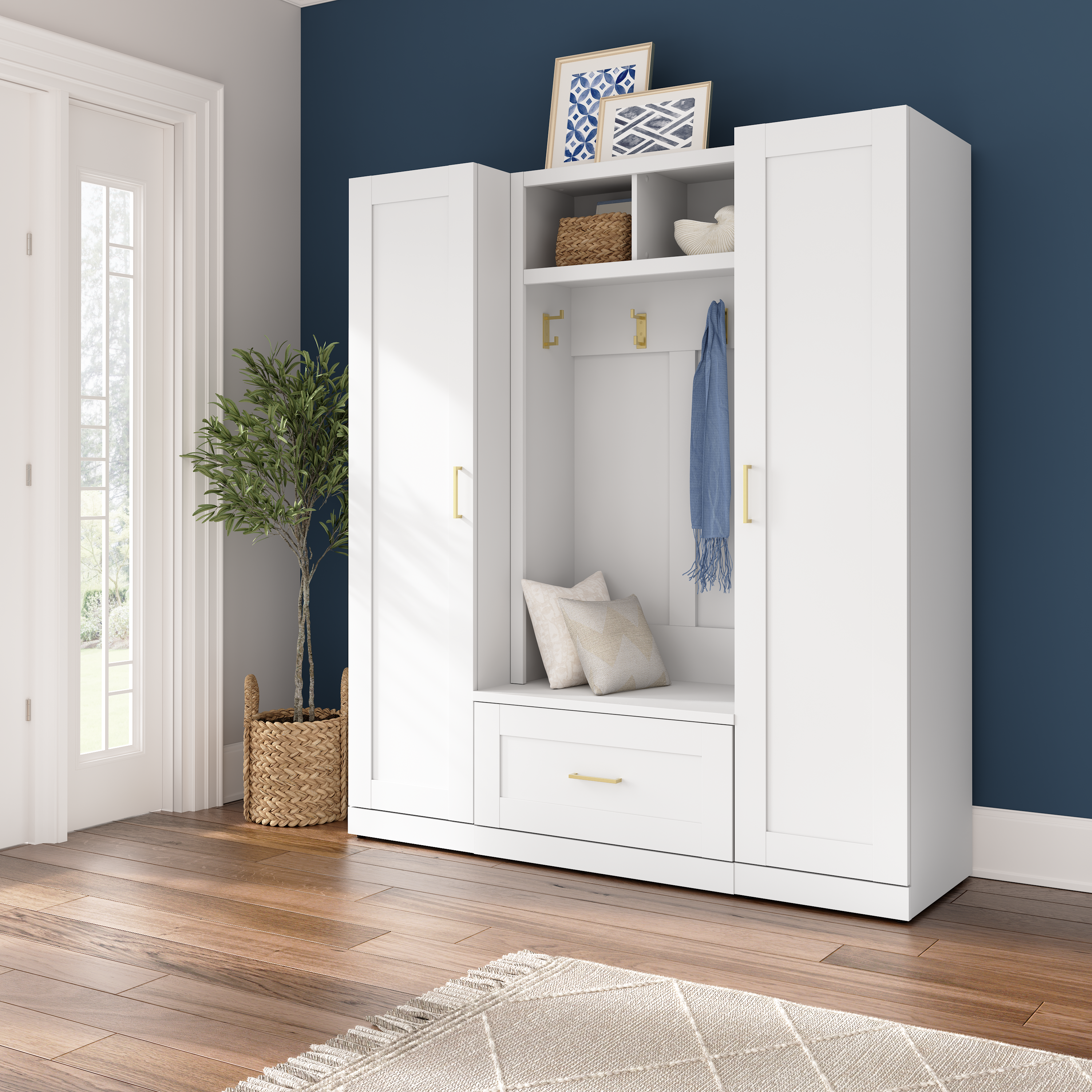 Shop Bush Furniture Hampton Heights Full Entryway Storage Set with Hall Tree, Shoe Bench with Drawer and Cabinet 01 HHS013WH #color_white