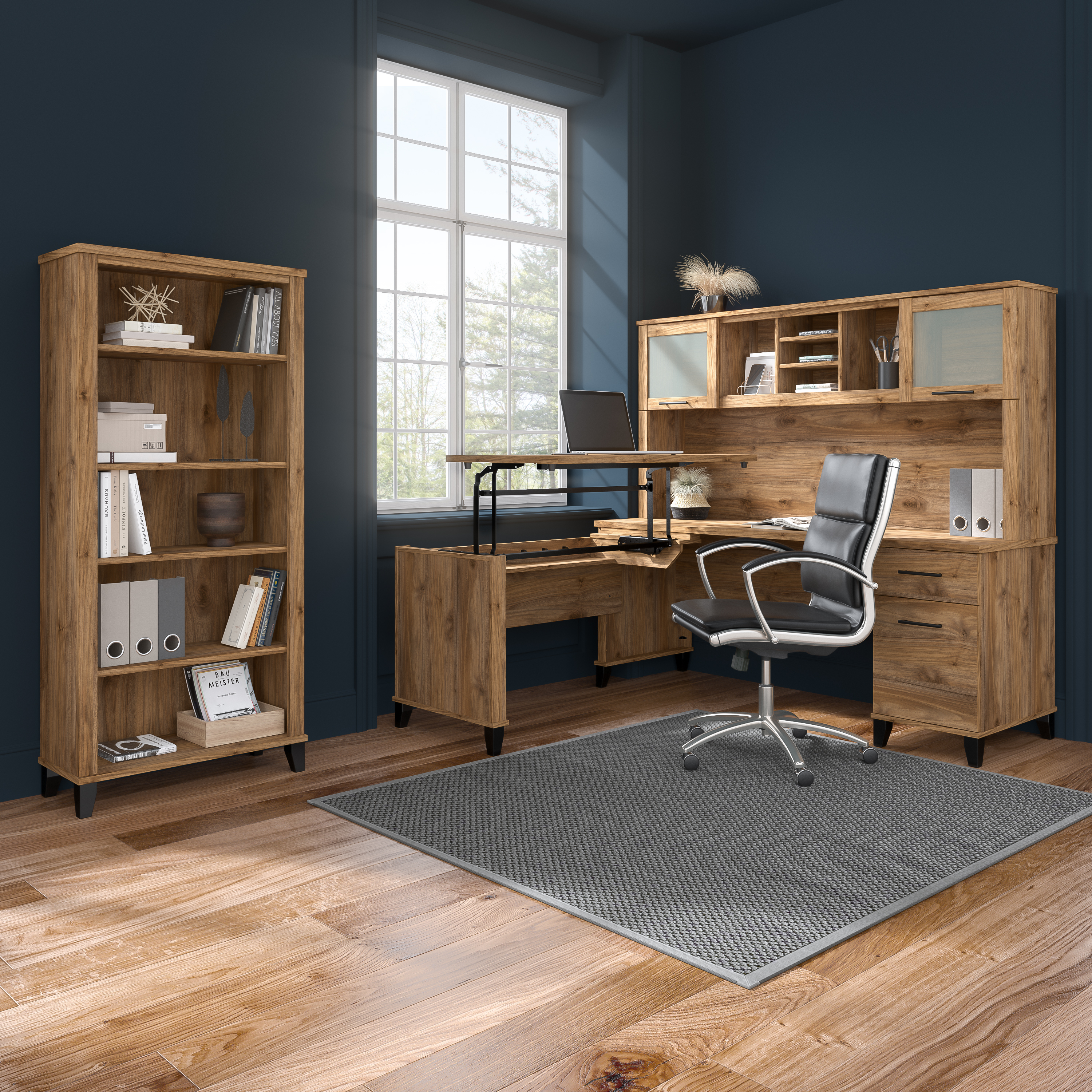 Shop Bush Furniture Somerset 72W 3 Position Sit to Stand L Shaped Desk with Hutch and Bookcase 09 SET017FW #color_fresh walnut